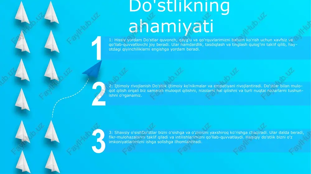 rishtalarni mustahkamlaydi va do'stlik tuyg'usini yaratadi. bolalikdagi do'stlik: do'stlikning poydevori bolalik davrida qo'yiladi, bu erda qahramonlar birga o'sib, uzilmas rishtalar hosil qiladi. cheksiz qo'llab-quvvatlash: do'stlar qanday sharoitda bo'lishidan qat'i nazar, bir-birlarini qo'llab-quvvatlash va dalda berishadi. e'tiboringiz uchun rahmat @taqdimot_robot image12.jpg image3.jpg image2.jpg /docprops/thumbnail.jpeg