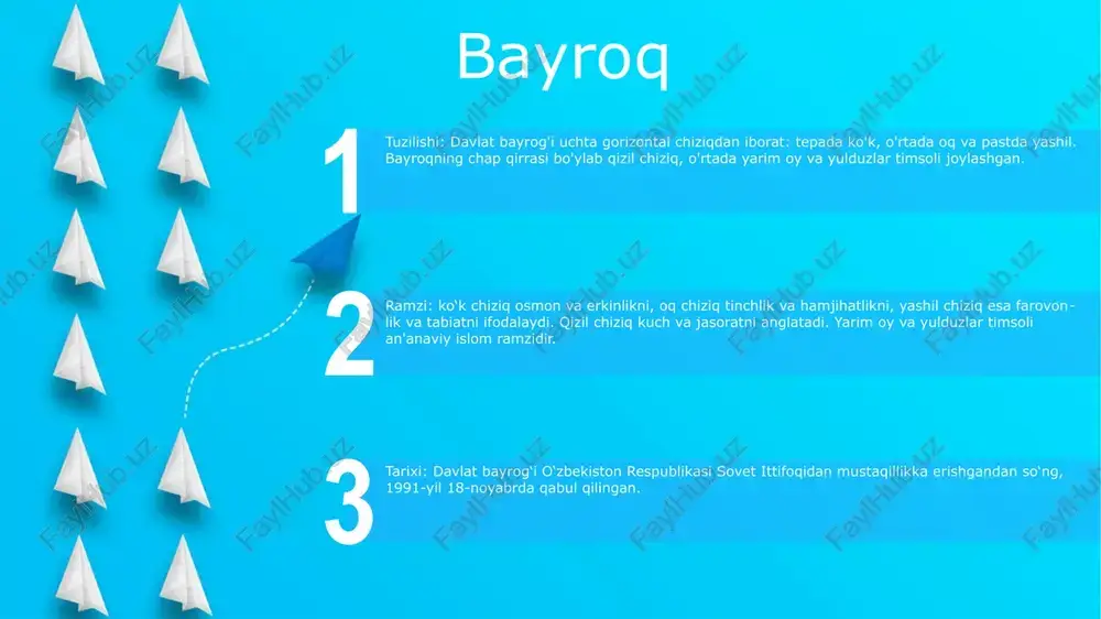 ning 80% dan ortigʻi soʻzlashadi. davlat madhiyasi: oʻzbekistonning davlat madhiyasi “oʻzbekistan respublicasining davlat madhiyasi” (oʻzbekiston respublikasi davlat madhiyasi). 1992-yilda qabul qilingan va oʻzbek tilida kuylangan. valyuta 1. valyuta: oʻzbekiston pul birligi oʻzbekiston soʻmi boʻlib, oʻz (uzs) belgisi bilan belgilanadi. 100 tiyinga bo'linadi. 2. mustaqil oʻzbekiston respublikasining davlat ramzlari: bular oʻzbekiston respublikasining milliy ramzlari boʻlib, mamlakat tarixi va madaniyatini aks ettiradi. 3. davlat ramzlari: oʻzbekistonning davlat ramzlari bayrogʻi, gerbi va madhiyasini oʻz ichiga oladi. bayroqda osmon, tinchlik va unumdorlikni ifodalovchi ko'k, oq va yashil gorizontal chiziqlar mavjud. gerbda tinchlik va farovonlik ramzi bo‘lgan laylak va yarim oy tasvirlangan poytaxt shahar start toshkent: o'zbekiston poytaxti- 2,5 milliondan ortiq aholiga ega toshkent o'zbekistonning gavjum poytaxti va eng yirik shahri hisoblanadi.- u mamlakatning siyosiy, iqtisodiy va madaniy markazi bo'lib xizmat qiladi.- toshkentning tarixi 1-asrga borib taqaladi, asrlar davomida turli imperiyalarning ta'siri bilan. oʻzbekiston davlat bayrogʻi- oʻzbekiston davlat bayrogʻi 1991-yilda mamlakat sovet ittifoqidan mustaqillikka erishgandan …