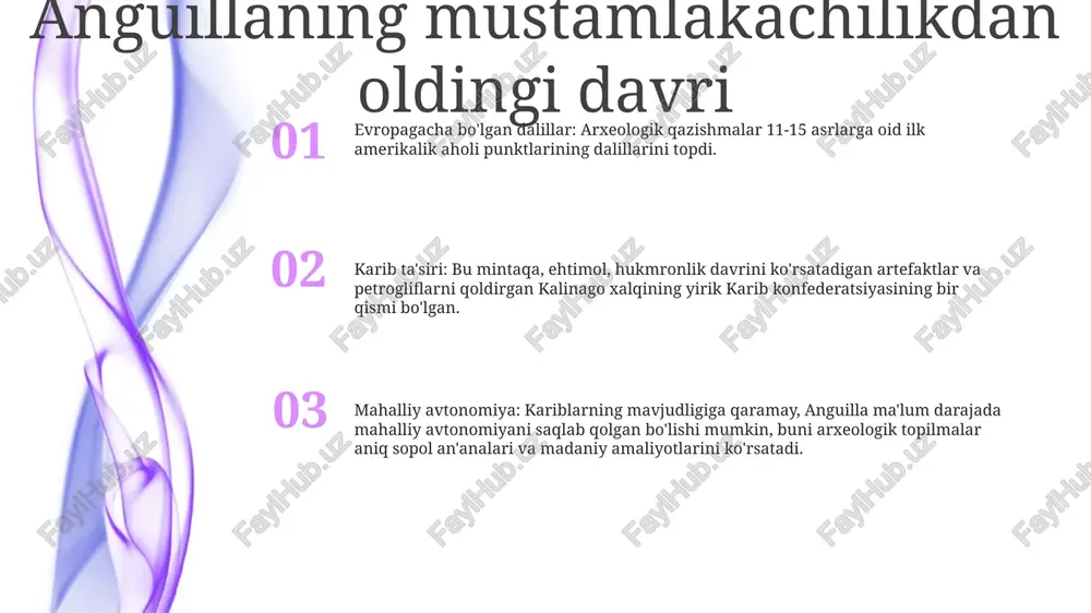 vropaning kashfiyoti uchun yo'l ochdi. vasko da gama: 1498 yilda u yaxshi umid burnini aylanib chiqdi va hindistonga suzib, sharqqa dengiz yo'lini o'rnatdi. bu yevropa davlatlari uchun yangi savdo imkoniyatlarini ochib berdi. ferdinand magellan: 1519-yilda u dunyoning dumaloq ekanligini isbotlab, yer sharini birinchi aylanib chiqishga boshchilik qildi. uning ekspeditsiyasi jahon geografiyasi haqidagi yevropa bilimlarini sezilarli darajada kengaytirdi. kristofer kolumbning kashfiyoti ahamiyati: kolumbning anguillani kashf etishi yevropaning orol bilan birinchi aloqasini belgiladi. bu karib dengizi mintaqasida kelajakdagi mustamlakachilik va izlanishlar uchun yo'l ochdi. kolumbning kelishi: kristofer kolumb 1493-yil 11-noyabrda amerikaga ikkinchi safari chogʻida anguillaga qoʻndi. mahalliy aholi: kolumb kelgan paytda anguillada boy madaniy merosga ega bo'lgan va orol ekotizimiga mos ravishda yashagan aravak va karib xalqi yashagan. ispaniya qoidasi 1588 yil ispaniya armadasi ingliz floti tomonidan mag'lubiyatga uchradi, bu ispaniya dengiz hukmronligini tugatdi. 1492-yil kristofer kolumb karib dengiziga kelib, ispaniyaning amerikani mustamlaka qilishni boshladi. 1517-yil martin lyuter oʻzining 95 ta tezislarini …