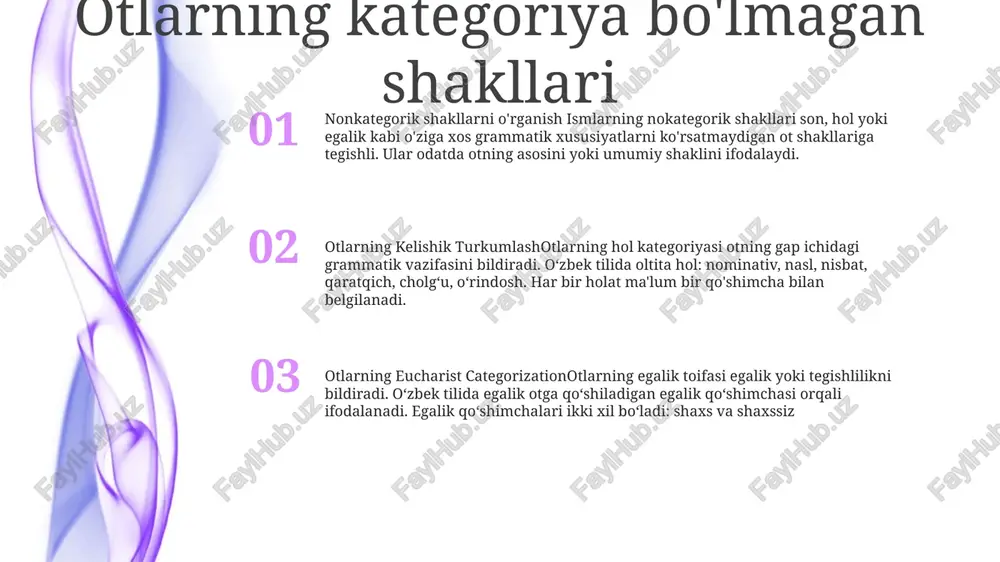 lga ega: nominativ, turdosh, keluvchi, to‘ldiruvchi, ablativ va joydosh. har bir holat ma'lum bir qo'shimcha yoki zarracha bilan belgilanadi. ismlarning hol toifasi ismlarning hol toifasi (otlarning noncategorial shakli)- gapdagi otlarning grammatik rollarini ifodalaydi.- nominativ, nasl, dativ, orttirma, vosita va ablativ holatlarni o'z ichiga oladi. otlarning bog‘lanish-munosabat turkumlari (otlarning aloqa-munosabat kategoriyalari)- gapdagi otlar o‘rtasidagi munosabatni bildiradi.- assotsiativ, tobe va atributiv bog‘lanishlarni o‘z ichiga oladi. ismning hol turkumi (otlarning kelishik categoriyasi)- otlarning gapdagi rolini belgilovchi grammatik holatini bildiradi.- bunga misol sifatida nominativ, turdosh, nisbat, orttirma, vosita va ablativ holatlar kiradi. ismlarning animatsion toifasi otlarning munosabat turkumi (otlarning aloqa-munosabat kategoriyalari): otlarni boshqa otlarga (egalik, joylashish va hokazo) munosabatiga qarab tasniflaydi. otlarning jonli turkumi (otlarning nokategorial shakllari): otning jonli (tirik) yoki jonsiz (jonsiz) predmetni ifodalashini bildiradi. ismlarning grammatik hol turkumi: ot va gapdagi boshqa soʻzlar (masalan, mavzu, obʼyekt, bilvosita obʼyekt) oʻrtasidagi grammatik munosabatni koʻrsatadi. ismlarning munosabat toifalari otlarning egalik turkumi (otlarning egalik kategoriyasi):o‘zbek tilidagi …