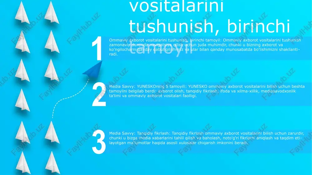 tamoyillar auditoriyaga media xabarlarni baholash va tushunish uchun tanqidiy fikrlash ko'nikmalarini oshirishga qaratilgan. ommaviy axborot vositalarini baholash, to'rtinchi tamoyil turli ommaviy axborot vositalari manbalariga kirish: turli nuqtai nazar va nuqtai nazarlarni ifodalovchi turli xil ommaviy axborot vositalariga kirishni ta'minlash. kritik media savodxonligi: media xabarlar tuzilishini tushunish va ularning shaxs va jamiyatga ta'sirini tan olish. media ta'limi va vakolatlarini oshirish: shaxslarni ommaviy axborot vositalarini tahlil qilish va baholash bo'yicha bilim va ko'nikmalar bilan jihozlash, tanqidiy fikrlashni rivojlantirish va ularga axborot vositalarini tanlash imkoniyatini berish. ommaviy axborot vositalarini yaratish, beshinchi tamoyil media savodxonligi beshinchi tamoyil sifatida: - oavning kuchi va ta'sirini, uning jamiyat va shaxslarga ta'sirini tushunish. ommaviy axborot vositalarini tanqidiy tahlil qilish va baholash: - noto'g'ri fikrlar, istiqbollar va motivatsiyalarni aniqlash uchun media xabarlari va mazmunini o'rganish. ommaviy axborot vositalarini yaratish va ishlab chiqarish: - istiqbollarni almashish, tushunishni rivojlantirish va muloqotni rivojlantirish uchun media yaratishda faol ishtirok etish. tanqidiy fikrlashni rivojlantirish …