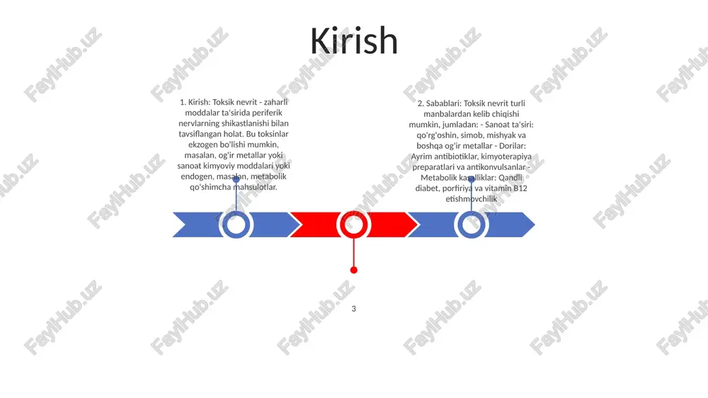 y moddalardir.- bu toksinlar turli shakllarda, jumladan, gazlar, suyuqliklar va changlarda bo'lishi mumkin.- sanoat toksinlariga ta'sir qilish mumkin toksik nevritning sabablari- toksik nevrit nervlarning toksinlar bilan zararlanishi natijasida yuzaga keladigan holatdir.- bu zarar turli sanoat toksinlari, jumladan qo'rg'oshin, simob va mishyak ta'sirida bo'lishi mumkin.- toksik nevrit ham sabab bo'lishi mumkin. ba'zi dori-darmonlarga, masalan, kimyoterapiya preparatlariga ta'sir qilish orqali. toksik nevritning asoratlari - toksik nevrit turli xil asoratlarga olib kelishi mumkin, jumladan: - oyoq-qo'llarda zaiflik va uyqusizlik - og'riq - yonish yoki karıncalanma hissi - mushaklarning kramplari - muvozanat va muvofiqlashtirishda qiyinchilik - nutq muammolari - kognitiv buzilishlar dori-darmonlar toksik nevritning giyohvand moddalar bilan bog'liq sabablari - izoniazid, etionamid va piridoksin kabi antibiotiklar - nitrofurantoin va metronidazol kabi mikroblarga qarshi vositalar - vinblastin va vinkristin kabi kimyoterapiya preparatlari toksik nevritning boshqa sabablari - spirtli ichimliklar - qo'rg'oshin va mishyak kabi og'ir metallar - siyanid va uglerod oksidi kabi kimyoviy moddalar toksik …