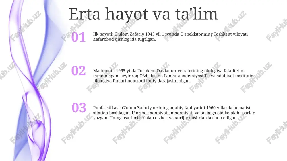 ni yuksaltirishga hissa qo‘shgan. hindistonga surgun qilingan “g‘ulom zafariyning targ‘iboti”: surgun asarlari to‘plami g'ulom zafariy: exiled uzbek scholar in india diasporada oʻzbek ziyoliligi: markaziy osiyoga taʼsiri pokistonga qaytish tarixiy kontekst: roman hindistonda britaniya hukmronligi davrida pokistonga yangi hayot izlab ko‘chib kelgan o‘zbek muhojirlarining boshidan kechirgan voqealarni tasvirlaydi. nashr tafsilotlari: “pokistonga qaytish” 1959-yilda toshkentda joylashgan “g‘ulom zafariy nashriyoti” nashriyoti tomonidan chop etilgan. muallif va janr:kitob muallifi atoqli oʻzbek yozuvchisi va jurnalisti said ahmaddir. kitob tarixiy romanlar qatoriga kiritilgan. demokratiyani tiklashdagi roli demokratiyani tiklashdagi roli: g‘ulom zafariy nashriyoti so‘nggi sovetlar davrida jamoatchilik fikrini shakllantirish va demokratik tamoyillarni targ‘ib qilishda katta rol o‘ynadi. milliy o‘zlikni targ‘ib qilish: nashr o‘zbek milliy o‘ziga xosligi va madaniy merosini targ‘ib etib, o‘zbek xalqida birdamlik va g‘urur tuyg‘usini uyg‘otdi. intellektual forum: g‘ulom zafariy nashriyoti yozuvchilar, olimlar va faollar uchun siyosiy, ijtimoiy va madaniy masalalar bo‘yicha munozaralar olib boradigan intellektual forum bo‘lib xizmat qilib, siyosiy fikr va ommaviy nutq …