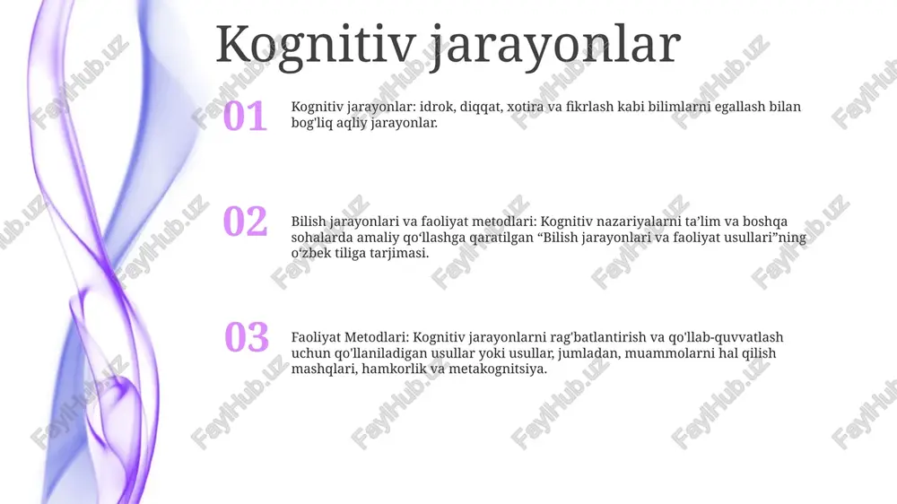 unli qilishimizga yordam beradi. xotira xotira turlari: inson xotirasi ikki asosiy turga bo'linadi: qisqa muddatli xotira va uzoq muddatli xotira. qisqa muddatli xotira kichik ma'lumotlarni cheklangan vaqt davomida saqlasa, uzoq muddatli xotira katta hajmdagi ma'lumotlarni doimiy ravishda saqlaydi. kognitiv jarayonlar: kognitiv jarayonlar miyada yuzaga keladigan va fikrlash, o'rganish va xotirani o'z ichiga olgan aqliy faoliyatdir. bu jarayonlar diqqat, idrok, til, muammolarni hal qilish va qaror qabul qilishni o'z ichiga oladi xotira texnikasi: xotira texnikasi ma'lumotni kodlash va olish jarayonini yaxshilash uchun qo'llaniladigan strategiyalardir. tez-tez ishlatiladigan usullarga takrorlash, intervalgacha takrorlash, kontseptual xaritalash va joylashtirish kiradi muammoni hal qilish bilish jarayonlari: muammoni hal qilishda ishtirok etadigan kognitiv jarayonlar, jumladan idrok, diqqat, o'rganish va xotira. muammoni hal qilish: qiyin yoki murakkab vaziyatga yechim topish jarayoni. faoliyat metodlari: aqliy hujum, gipotezani sinab ko'rish va qarorlarni tahlil qilish kabi muammolarni samarali hal qilish uchun qo'llaniladigan o'ziga xos usullar. qaror qabul qilish faoliyat usullari- faoliyat usullari …