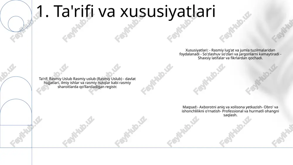 rchilik bildiring va iloji bo'lsa yordam taklif qiling. 3. qilish va qilmaslik rasmiy misollar: - rasmiy xatlar va bildirishnomalar - hukumat hujjatlari - huquqiy shartnomalar - biznes taqdimotlari - ilmiy maqolalar norasmiy misollar: - shaxsiy maktublar va elektron pochta xabarlari - ijtimoiy tarmoqlardagi xabarlar - shaxsiy eslatmalar - tasodifiy suhbatlar ilovalar: - kasbiy muhitda muloqot - huquqiy hujjatlar - akademik yozuvlar - ommaviy e'lonlar - biznes yozishmalar 4. misollar va ilovalar e'tiboringiz uchun rahmat @taqdimot_robot image1.png /docprops/thumbnail.jpeg