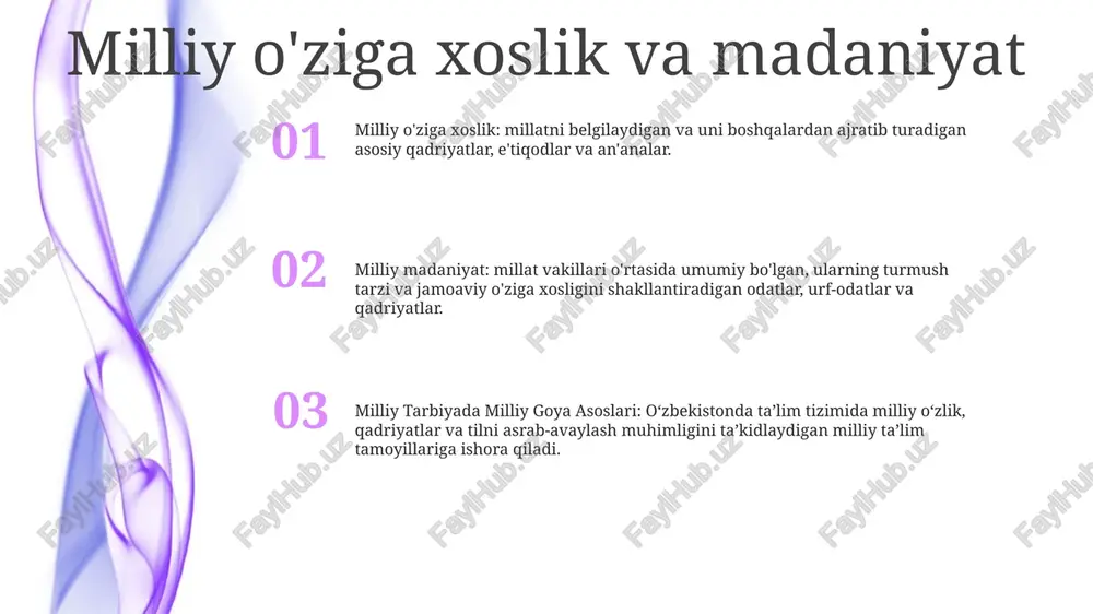 o'z milliy madaniyatini ichki va xalqaro platformalarda faol ravishda targ'ib qiladi. festivallar, ko‘rgazmalar va badiiy chiqishlar madaniy o‘ziga xoslik tuyg‘usini rivojlantirish va jahon tomoshabinlari bilan bog‘lanish uchun o‘zbekistonning boy merosini namoyish etadi. milliy taʼlim jamgʻarmasi: oʻzbekiston milliy qadriyatlar, anʼanalar va axloqiy tamoyillarni oʻz taʼlim tizimiga kiritishga alohida eʼtibor qaratadi. “milliy goya asoslari” nomi bilan mashhur boʻlgan ushbu yondashuv fuqarolarda oʻzbekistonning madaniy va tarixiy merosini chuqur tushunish va qadrlashni rivojlantirishga qaratilgan. e'tiboringiz uchun rahmat @taqdimot_robot image11.jpg image3.jpg image2.jpg /docprops/thumbnail.jpeg
