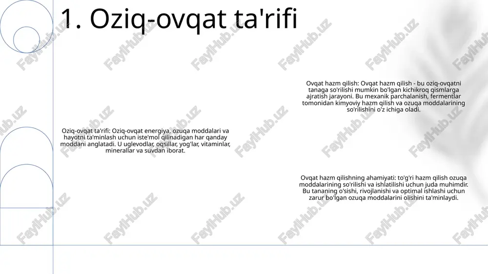 hazm qilinmagan oziq-ovqat yo'g'on ichakka o'tadi, u erda suv so'riladi va chiqindilar chiqariladi. 3. oziq-ovqat turlari ovqat hazm qilish: mexanik va kimyoviy hazm qilish mexanik va kimyoviy jarayonlarni o'z ichiga oladi. mexanik hazm qilish oziq-ovqatni mayda bo'laklarga ajratadi, kimyoviy hazm qilish fermentlar yordamida ozuqa moddalarini organizm tomonidan so'rilishi mumkin bo'lgan molekulalarga parchalaydi. ovqat hazm qilish bosqichlari: og'izdan oshqozonga ovqat hazm qilish jarayoni og'izda boshlanadi, u erda ovqat chaynaladi va so'lak bilan aralashtiriladi. keyin u qizilo'ngach orqali oshqozonga tushadi va u erda oshqozon kislotasi va fermentlar ta'sirida parchalanadi. ingichka ichakda so'rilishi qisman hazm bo'lgan oziq-ovqat oshqozondan chiqqandan so'ng, u ingichka ichakka kiradi va u erda ozuqa moddalari so'riladi. ingichka ichak shilliq qavatida villi deb ataladigan mayda proektsiyalar mavjud bo'lib, ular ozuqa moddalarining so'rilishi uchun sirt maydonini oshiradi. 4. ovqat hazm qilish jarayoni so‘rilish jarayoni: ovqat hazm qilish jarayonida fermentlar ta’sirida parchalangandan so‘ng oziq-ovqatdan olingan ozuqa moddalarining qon oqimiga kirishi jarayoni. ovqat: …