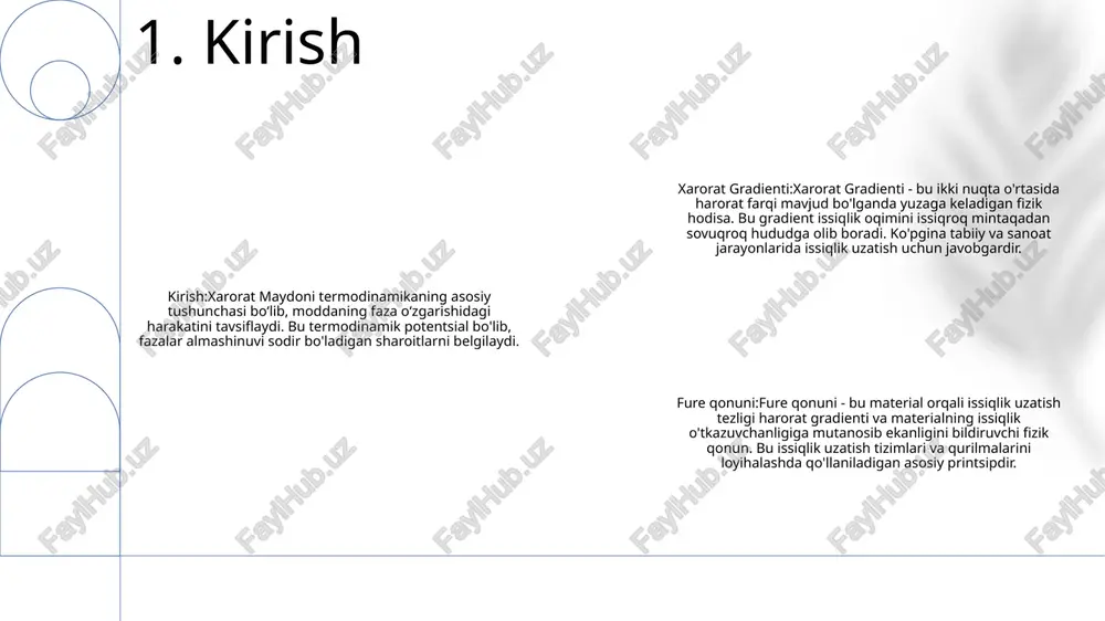 n uzatiladigan issiqlik miqdori. bu harorat gradienti va issiqlik o'tkazuvchanligiga to'g'ridan-to'g'ri proportsionaldir. o'tkazuvchanlik orqali issiqlik uzatish: issiqlik materialning o'zi harakat qilmasdan, yuqori haroratli hududlardan past haroratli hududlarga o'tkazilganda sodir bo'ladi. bu jarayonni furye qonuni boshqaradi. 4. furye qonuni issiqlik o'tkazuvchanligi: materialning issiqlik o'tkazuvchanligi orqali o'zi orqali o'tkazish qobiliyati. u kelvinga (vt/mk) metrga vattlarda o'lchanadi. harorat gradienti: haroratning masofaga nisbatan o'zgarish tezligi. u har bir metr uchun kelvinda (k/m) o'lchanadi. furye qonuni: materialdan o'tadigan issiqlik oqimi harorat gradienti va issiqlik o'tkazuvchanligiga mutanosib ekanligini ko'rsatadigan qonun. bu tenglama bilan ifodalanadi: q = -ka(dt/dx), bu erda q - issiqlik oqimi, k - issiqlik o'tkazuvchanligi, a - kesma maydoni, dt/dx - harorat gradienti. 5. issiqlik o'tkazuvchanligi issiqlik oqimi:- issiqlik oqimi issiqlik oqimining yo'nalishiga perpendikulyar bo'lgan birlik maydoniga issiqlik uzatish tezligini anglatadi.- u kvadrat metr uchun vattlarda (vt/m²) o'lchanadi. harorat gradienti:- termal yoki harorat gradienti masofadagi haroratning oʻzgarish tezligidir.- u issiqlik uzatishda muhim rol oʻynaydi, …