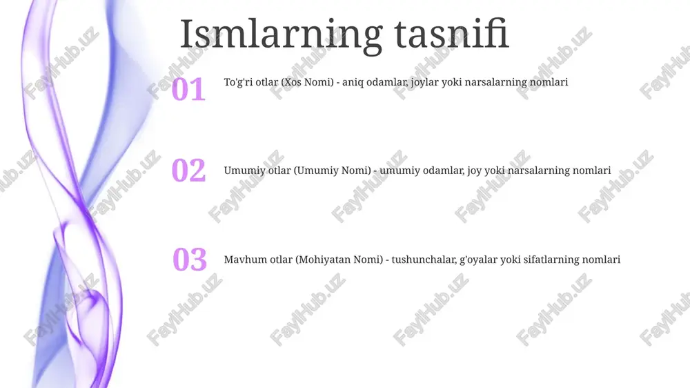 lar yasaladi. masalan, “buvi” – “buvi”, “ona” so‘zlaridan yasalgan qo‘shma ot. oʻzbek tili: oʻzbek tili turkiy til boʻlib, asosan oʻzbekistonda va boshqa markaziy osiyo davlatlarida soʻzlashadi. bu til oʻzbekistonning rasmiy tili boʻlib, afgʻoniston, tojikiston, qirgʻiziston va qozogʻistonda ham keng tarqalgan hisoblanadigan otlar va hisoblanmaydigan otlar sanoqli va sonsiz otlarni farqlash- sanoqli: odatda birlik va ko‘plik shakliga ega bo‘ladi.- sanoqsiz: ko‘plik shakliga ega emas. sanoqli otlar (sanoqli ot soʻzlari)- alohida birliklarda sanash mumkin.- misollar: olma, kitob, mashina sanalmaydigan otlar (sana bilmaydigan ot soʻzlari)- alohida birliklarda sanab boʻlmaydi.- misollar: suv, shakar, sevgi. ismlarning jinsi noun gender in uzbek (ot soʻz turkumi) erkak: erkak mavjudotlar yoki narsalarni ifodalovchi otlar erkakdir. (masalan, bola "bola", bu "it") ayol: ayol mavjudotlari yoki narsalarni ifodalovchi otlar ayoldir. (masalan, qiz "qiz", mushuk "mushuk") ismlar soni turk tilidagi ot turlari: turkcha otlar vazifasi va ma’nosiga ko‘ra umumiy ot, o‘zlik ot, aniq ot, mavhum ot, yig‘ma ot kabi bir necha …