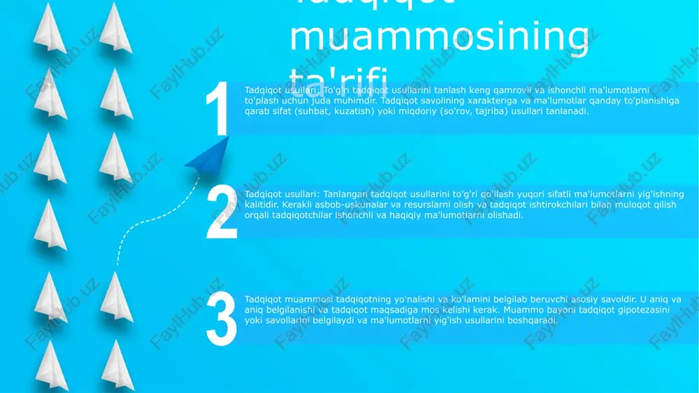 digan va faktik ma'lumotlarga javob beradigan bo'lishi muhimdir. methods and techniques: methods and techniques should have to'g'ridan-to'g'ri aloqa bilan savollar savollari bilan. ma'lumotlarni to'plash va tahlil qilish uchun tegishli usullarni tanlash kerak. aralash usullar ham miqdoriy, ham sifat yondashuvlarini o'z ichiga olishi mumkin. sifat va miqdoriy usullar ma'lumotlarni tahlil qilish: miqdoriy usullar ma'lumotlarni tahlil qilish, raqamli naqshlar va munosabatlarga asoslangan xulosalar chiqarish uchun statistik usullardan foydalanadi. sifatli usullar, raqamli ma'lumotlardan aniq bo'lmasligi mumkin bo'lgan mavzular, naqshlar va tushunchalar bo'yicha ma'lumotlarni o'rganuvchi, izohlovchi tahlilni qo'llaydi. ma'lumotlarni to'plash: miqdoriy usullar so'rovlar, eksperimentlar va tuzilgan kuzatishlar orqali raqamli ma'lumotlarni to'plashni ta'kidlaydi, sifatli usullar esa intervyular, fokus-guruhlar va matn tahlili kabi raqamli bo'lmagan ma'lumotlarga qaratilgan. tadqiqot maqsadlari: miqdoriy usullar gipotezalarni sinab ko'rish, natijalarni bashorat qilish va ko'proq aholi uchun topilmalarni umumlashtirish uchun javob beradi. sifatli usullar murakkab hodisalarni o'rganish, tajribalarni tushunish va chuqur tushunishga asoslangan tushunchalarni shakllantirish uchun mos keladi. ma'lumotlarni yig'ish usullari tayyorlash: …