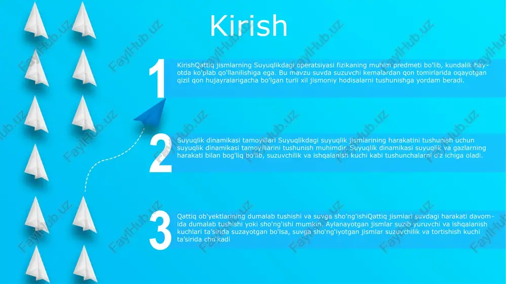 . yopishqoqlik: suyuqlikning molekulalarining o'zaro ta'siridan kelib chiqadigan oqimga ichki qarshiligi. reynolds raqami qattiq jismlarning suyuqlikdagi harakati: qattiq jism suyuqlik ichida harakat qilganda, suyuqlik jismga tortish kuchi ta'sir qiladi. bu kuch jismning shakli va o'lchamiga, suyuqlikning xususiyatlariga bog'liq. reynolds natijasi: bu suyuqlikning ob'ektga ta'sirini tavsiflovchi o'lchovsiz parametr. u viskoz kuchlarning inertial kuchlarga nisbatini ifodalaydi va oqimning laminar yoki turbulent ekanligini aniqlaydi. turbulentlik: bu suyuqlik oqimi tartibsiz va oldindan aytib bo'lmaydigan holatga keladigan rejim. bu yuqori reynolds raqamlarida yoki to'siqlar mavjudligida sodir bo'ladi va qarshilik va issiqlik o'tkazuvchanligini oshiradi. stok qonuni stokes qonuni: sferik jismning yopishqoq suyuqlik bo'ylab harakatlanayotgan tortishish kuchini tushuntiradi, bu erda kuch ob'ektning radiusi va tezligiga to'g'ridan-to'g'ri proportsionaldir. qattiq jismlarning suyuqlikdagi harakati (qattiq-suyuqlik oʻzaro taʼsiri): suyuqlikda muallaq boʻlgan qattiq zarrachalarning harakatini, jumladan, ularning harakati, choʻkishi va toʻqnashuv dinamikasini oʻrganadi. bu suyuqlik-zarracha suspenziyalari, changni qayta ishlash va biologik tizimlar kabi sohalarda muhim ahamiyatga ega. tortish kuchi: jismning suyuqlik orqali …