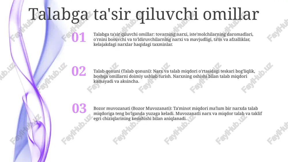urli narxlarda tovar va xizmatlarni sotib olishga tayyorligi va qobiliyati, bu esa talab egri chizig'ini yaratish. talabdagi o'zgarishlar talabning o'zgarishi narx o'zgarishidan tashqari boshqa omillar tufayli boshqa darajada yangi talab egri chizig'ini shakllantirishni anglatadi. taklifning siljishi narx o'zgarishidan tashqari boshqa omillar ta'sirida yangi taklif egri chizig'ining boshqa darajada shakllanishini anglatadi. elastiklik - bu narxning o'zgarishiga ta'minlangan yoki talab qilinadigan miqdor qanchalik o'zgarishini ko'rsatadigan o'lchovdir. ta'minotdagi o'zgarishlar talabning o'zgarishi: xaridorlar ma'lum bir narxda sotib olishga tayyor va qodir bo'lgan mahsulot yoki xizmatlar miqdorining o'zgarishi. bunga ta'm va imtiyozlarning o'zgarishi, daromad yoki tegishli mahsulotlarning narxi kabi omillar sabab bo'lishi mumkin. ta'minotdagi o'zgarishlar: etkazib beruvchilar ma'lum bir narxda taqdim etishga tayyor va qodir bo'lgan mahsulot yoki xizmatlar miqdorining o'zgarishi. bunga ishlab chiqarish tannarxidagi o'zgarishlar, ma'lumotlarning mavjudligi yoki yangi texnologiya kabi omillar sabab bo'lishi mumkin. elastiklik: talab qilinadigan yoki etkazib beriladigan mahsulot yoki xizmat miqdori uning narxidagi o'zgarishlarga qanchalik sezgir ekanligini ko'rsatadigan o'lchov. elastiklik …
