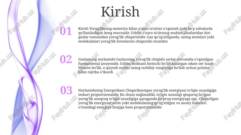 n issiqlik emissiyasi, uning harorati va eng yuqori to'lqin uzunligi bilan tavsiflanadi. gazlarning nurlanishi: molekulyar tuzilish, tebranish va aylanish energiya darajalari va bosim ta'sirida gazlardan issiqlik emissiyasi. plankning radiatsiya qonuni plankning radiatsiya qonuni: ma'lum bir haroratda qora jism chiqaradigan elektromagnit nurlanishning spektral nurlanishini tavsiflaydi. bu nurlanish chastota kubiga proportsional va to'lqin uzunligining beshinchi kuchiga teskari proportsional ekanligini ta'kidlaydi. qora jismning radiatsiyasi: qora tan tomonidan chiqariladigan elektromagnit nurlanishga ishora qiladi, bu esa barcha tushayotgan nurlanishni hech qanday aks ettirmasdan o'zlashtiradigan va chiqaradigan ideal ob'ektdir. qora jism chiqaradigan nurlanish plankning radiatsiya qonuni bilan aniqlangan xarakterli spektrga ega. kirxgofning issiqlik nurlanishi qonuni: moddaning emissiyasi ma'lum to'lqin uzunligi va haroratda uning yutilish qobiliyatiga teng ekanligini bildiradi. bu shuni anglatadiki, barcha nurlanishlarni o'zlashtiradigan qora tan, shuningdek, barcha to'lqin uzunliklarida mumkin bo'lgan eng yuqori nurlanishga ega nurlanish chiqaradi. vienning joy almashish qonuni gazlarning nurlanishi: elektronlar energiya sathi oʻrtasida oʻtganda gazlarning yorugʻlik chiqishi. wienning joy almashish qonuni: …
