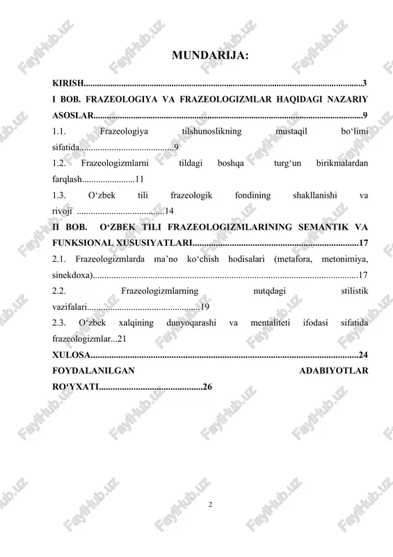 ..........................................24 foydalanilgan adabiyotlar roʻyxati.............................................26 kirish mavzuning dolzarbligi. til — millatning ma’naviy poydevori, xalqning tarixiy xotirasi, ruhiyati va tafakkurini ifoda etuvchi eng muhim ijtimoiy hodisadir. xalqning milliy o‘zligi, madaniyati va dunyoqarashini ifodalovchi vosita sifatida tilning leksik boyligi, ayniqsa, frazeologik qatlamining o‘rganilishi alohida ahamiyat kasb etadi. o‘zbek tili frazeologizmlari xalq hayoti, urf-odatlari, qadriyatlari, dunyoqarashi, orzu-intilishlari va hissiyotlarining badiiy ifodasidir. shuning uchun frazeologizmlarning semantik va funksional xususiyatlarini chuqur o‘rganish, ularning ma’no qatlamlarini tahlil qilish va zamonaviy tilshunoslik kontekstida yoritish bugungi kunda dolzarb masalalardan biri hisoblanadi. o‘zbekiston respublikasining birinchi prezidenti islom karimov o‘zining “yuksak ma’naviyat – yengilmas kuch” asarida: “til — bu millatning ruhi, uning o‘zligini belgilovchi eng muhim omil”, — deya ta’kidlagan. bu fikr o‘zbek tili, xususan, uning frazeologik boyligini chuqur o‘rganish va saqlab qolish zarurligini ko‘rsatadi. islom karimov o‘z asarlarida milliy o‘zlikni, xalq tafakkurini, tarixiy merosni asrab-avaylashda ona tilining beqiyos ahamiyatini qayta-qayta uqtirgan. u kishining ma’naviy siyosatida til masalasi mustaqil davlat qurishning …