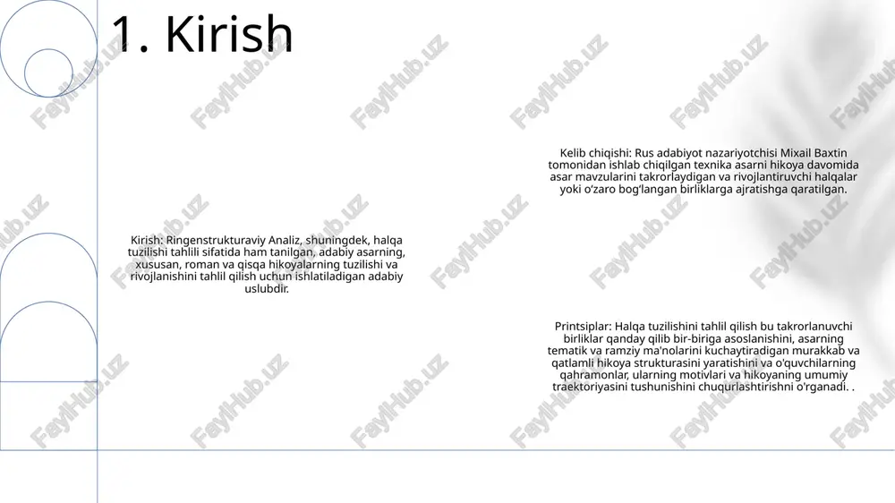 a tushuncha beradi, ularning xatti-harakati va dinamikasini yaxshiroq tushunishga imkon beradi. 3. metodologiya va algoritmlar ring struktura turlari- halqalar atomlarning kovalent bog'lanishi natijasida hosil bo'lgan yopiq tuzilmalardir.- ularni ikkita asosiy turga bo'lish mumkin: siklik va asiklik.- tsiklik halqalar yana aromatik va aromatik bo'lmagan halqalarga bo'linadi. ringenstrukturaviy analiz- halqa shaklidagi molekulyar tuzilmalar yordamida organik birikmalar tuzilishini tekshirish uchun bir usul.- usul turli halqa tuzilmalari aniqlash va ularning nisbiy ko'pligini aniqlash o'z ichiga oladi.- bu murakkab organik molekulyar tuzilishini o'rganish uchun foydalanish mumkin. birikmalar. organik kimyoda halqa tuzilmalari- halqalar organik birikmalarda umumiy strukturaviy xususiyatlardir.- ular bu birikmalarning fizikaviy va kimyoviy xossalarini aniqlashda muhim rol oʻynaydi.- mavjud halqa tuzilishi turi barqarorlik, reaktivlik va eruvchanlik kabi omillarga taʼsir qilishi mumkin. . 4. ring tuzilishi turlari statistik ahamiyat: tadqiqot natijalarining tasodifan yuzaga kelishi ehtimolini aniqlaydigan ehtimollik o'lchovi. ringenstrukturaviy tahlil: shaxslar yoki guruhlar o'rtasida umumiy allellarning naqshlarini aniqlash uchun ishlatiladigan genetik tahlil usuli. ringenstrukturaviy analiz individlar …