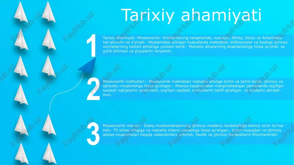 lash va chekka hududlarda muhim xizmatlardan foydalanish imkoniyatini yaxshilashdi. madaniy assimilyatsiya: misseonerlik ko'pincha turli madaniyatlarga duch keldi va ular bilan muloqot qildi, bu madaniy assimilyatsiyaga olib keldi, bu erda mahalliy urf-odatlar va e'tiqodlar elementlari diniy amaliyotlarga kiritilgan. ta'lim va savodxonlik: missionerlar maktablar ochdilar va savodxonlikni targ'ib qildilar, mahalliy aholi uchun ta'lim olish imkoniyatini ta'minladilar va bilimlarning tarqalishiga hissa qo'shdilar. zamonaviy dolzarblik missionerlik: missionerning roli xushxabarni yoyishga qaratilgan bo'lib, dialogni osonlashtirish, mahalliy hamjamiyatlarning imkoniyatlarini kengaytirish va ijtimoiy o'zgarishlarga qaratilgan ishlarni o'z ichiga oladi. missionerlar ko'pincha sog'liqni saqlash, ta'lim va iqtisodiy rivojlanish kabi sohalarda shug'ullanadilar. zamonaviy dolzarblik: 21-asrda missionerlik globallashuv, dunyoviylik va ijtimoiy adolatsizlikning dolzarb muammolarini hal qilishga intiladi. bu tez o'zgarib borayotgan dunyoda nasroniy e'tiqodini dolzarb va mazmunli qilishga qaratilgan. madaniyatlararo sezgirlik: zamonaviy missiologiya madaniyatlararo sezgirlikning muhimligini ta'kidlaydi, madaniyatlar xilma-xilligini va hurmatli ishtirok etish zarurligini tan oladi. missionerlar etnosentrizmdan qochish va o'zaro tushunishni targ'ib qilish orqali mahalliy kontekstni o'rganish va moslashishga …