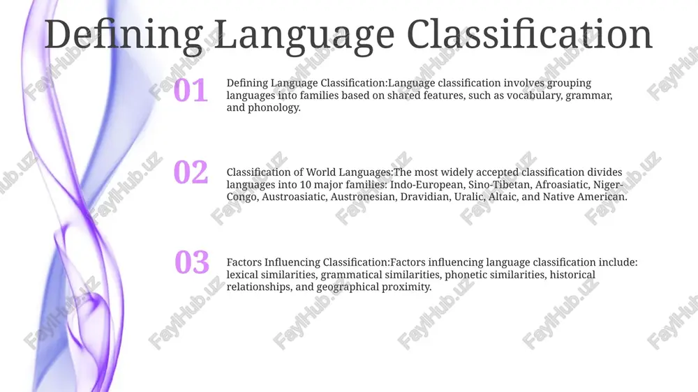 are organized within words.- categories include: isolating, agglutinative, fusional, and polysynthetic. classification of world languages- attempts to categorize the world's languages into families or groups based on shared features, such as vocabulary, grammar, and sound system.- major language families include indo-european, afro-asiatic, sino-tibetan, and austronesian. importance of classification- helps identify relationships between languages and trace their historical development.- facilitates comparative linguistics, which explores the similarities and differences among languages.- can aid in language learning and translation by highlighting common features and patterns. syntactic classification morphological classification:categorizes languages based on their morphological structure, focusing on the way they form words and how morphemes (the smallest meaningful units) are combined syntactic classification:classifies languages based on their syntactic structure, focusing on how they form sentences and phrases. key features analyzed include word order, the use of inflections, and the presence of case systems. typological classification:categorizes languages based on a wide range of linguistic …