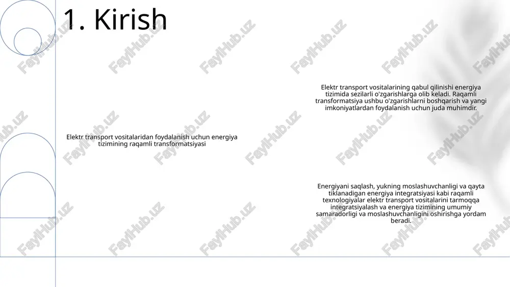 energiyasi ko'pincha benzin yoki dizelga nisbatan arzonroq yoqilg'i manbai bo'lib, iste'molchilar va korxonalar uchun sezilarli xarajatlarni tejashga olib keladi. 3. transportni elektrlashtirishning afzalliklari zaryadlash infratuzilmasini rivojlantirish: elektr transport vositalarini (ev) zaryadlash stansiyalari tarmog'ini kengaytirish evni keng qo'llashni qo'llab-quvvatlash uchun juda muhimdir. buning uchun strategik rejalashtirish, davlat tomonidan rag'batlantirish va foydalanish qulayligi va ishonchliligini ta'minlash uchun kommunal xizmatlar bilan hamkorlik zarur. energiya tizimlarining raqamli transformatsiyasi: evs integratsiyasini ta'minlash uchun energiya tizimlari raqamli transformatsiyadan o'tishi kerak energiya tizimini optimallashtirish uchun ev'lardan foydalanish: ev'lar energiya tizimlarining barqarorligi va chidamliligiga hissa qo'shishi mumkin. vehicle-to-grid (v2g) texnologiyasi elektr energiyasini saqlash va tarqatish, taqsimlangan energiya manbalari sifatida ishlash imkonini beradi 4. ev zaryadlash uchun infratuzilmani rivojlantirish ev integratsiyasi muammolari: avtomobildan tarmoqqa (v2g) muvofiqligi muammolari standartlashtirilgan zaryadlash infratuzilmasi yo'qligi cheklangan tarmoq sig'imi va barqarorlik bilan bog'liq muammolar tarmoqni modernizatsiya qilish bo‘yicha yechimlar: ikki tomonlama o‘lchash va aloqaga ega aqlli tarmoqlar taqsimlangan energiya resurslari va energiya saqlash tizimlari …