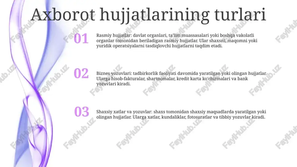 iqish. kerakli tuzatishlar va tuzatishlar kiritish. axborot hujjatlarida texnologiyadan foydalanish xavfsiz ma'lumotlar almashinuvi: texnologiya maxfiy ma'lumotlarni shifrlangan kanallar orqali xavfsiz uzatish imkonini beradi, maxfiylik va yaxlitlikni ta'minlaydi. ma'lumot - axborot hujjatlari: exploring technology for secure information management kengaytirilgan kuzatuv: blokcheyn va boshqa texnologiyalardan foydalanish hujjatlarga kiritilgan oʻzgartirishlarni kuzatish, ruxsatsiz oʻzgarishlarni oldini olish uchun tekshiriladigan yoʻllarni taqdim etadi. axborot hujjatlarini loyihalash va formatlash tarkibi: kontekstni taqdim etish uchun kirishdan, asosiy fikrlarni taqdim etish uchun asosiy bo'limlardan va muhim tushunchalarni umumlashtirish va takrorlash uchun xulosadan foydalangan holda ma'lumotlarning mantiqiy oqimiga rioya qiling. dizayn: o'qish va tushunishni yaxshilash uchun aniq va ixcham tildan, yaxshi tashkil etilgan sarlavhalar va kichik sarlavhalardan va tegishli vizuallardan foydalaning. formatlash: hujjat davomida izchil chekkalar, shriftlar va shrift o'lchamlarini saqlang. ma'lumotni samarali taqdim etish va vizual jozibadorlikni oshirish uchun nuqta nuqtalari, raqamlangan ro'yxatlar va jadvallardan foydalaning. axborot hujjatlarini tarqatish va tarqatish tarqatish usullari: tarqatish kanallariga rasmiy veb-saytlar, ijtimoiy tarmoqlar, …