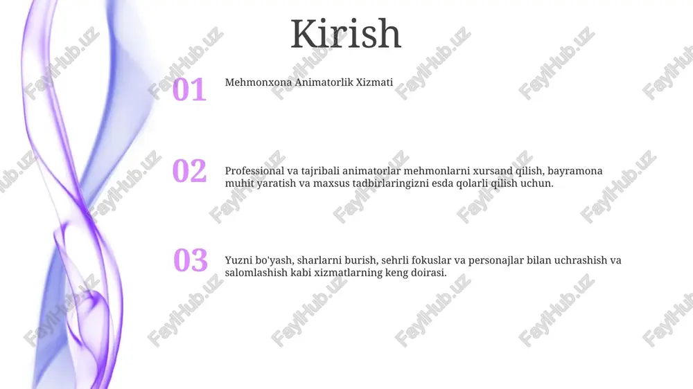 ini ishlab chiqadi va amalga oshiradi - xodimlar hisobini yuritadi va mehnat qonunlariga rioya etilishini ta'minlaydi. mehmonxonada animatorlik xizmati:- barcha yoshdagi mehmonxona mehmonlari uchun oʻyin-kulgi va mashgʻulotlarni taʼminlaydi- oʻyinlar, sport, jonli chiqishlar va mavzuli tadbirlarni oʻz ichiga olgan turli tadbirlarni rejalashtiradi va amalga oshiradi. sifat nazorati mijozlarga xizmat ko'rsatish: mehmonlarga alohida xizmat ko'rsatish, shikoyatlarni hal qilish va mehmonxonada qolish vaqtida ularning qoniqishini ta'minlashga qaratilgan. sifat nazorati: standartlarni joriy etish va monitoring qilish orqali mehmonxona xizmatlarining umumiy sifatini, jumladan turar joy, qulayliklar va mehmonlar tajribasini ta'minlaydi. mehmonxonada animatorlik xizmati: mehmonxona mehmonlari uchun ko'ngilochar va dam olish tadbirlarini taqdim etish, ularning umumiy tajribasini oshirish va unutilmas dam olishni tashkil etishni o'z ichiga oladi. texnologiya integratsiyasi mehmonxonada animator xizmatlari uchun texnologiya integratsiyasi:- mehmonlar ishtirokini kuchaytirish: texnologiya animatorlarga virtual reallik oʻyinlari yoki kengaytirilgan haqiqatni tozalash kabi interaktiv tajribalarni yaratish imkonini beradi va mehmonlarning unutilmas oʻzaro taʼsirini kuchaytiradi. animator xizmatlari uchun texnologiya integratsiyasining afzalliklari: - …