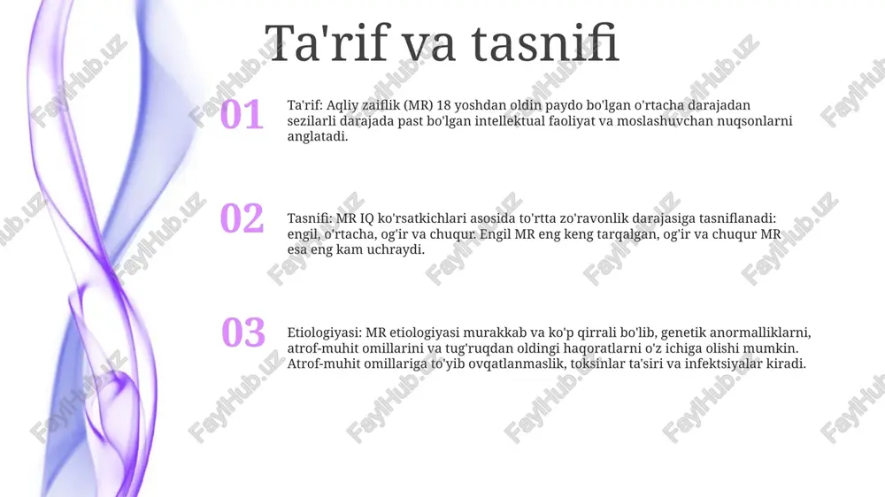 oyon bo'ladigan kognitiv buzilishlarga olib kelishi mumkin. atrof-muhit omillari ijtimoiy muhit: qashshoqlik, ta'lim olish imkoniyatining pastligi va beqaror uy sharoiti bolalarda aqli zaif (aqli zaiflik) rivojlanishiga yordam beradi. prenatal stress: homiladorlik paytida travma yoki noto'g'ri ovqatlanish kabi og'ir stressga duchor bo'lish bolalarda to'yib ovqatlanmaslik xavfini oshirishi mumkin. biologik omillar: irsiy kasalliklar, homiladorlik infektsiyalari va oziqlanish etishmovchiligi miya shikastlanishiga olib kelishi mumkin, bu esa aqli zaiflashishiga olib kelishi mumkin. nevrologik va biologik mexanizmlar biologik mexanizmlar: - genetik omillar (masalan, bitta nukleotid polimorfizmi, nusxalar sonining o'zgarishi) - prenatal toksinlar yoki infektsiyalarga ta'sir qilish - erta bolalikdagi travma yoki stress nevrologik mexanizmlar: - neyrotransmitter nomutanosibliklari (masalan, dofamin, serotonin) - diqqat, xatti-harakatlar va hissiyotlar bilan bog'liq bo'lgan miya hududlaridagi strukturaviy anormalliklar intellektual nuqsoni bo'lgan bolalarda xulq-atvor buzilishlarining etiologiyasi: - nevrologik, biologik va atrof-muhit omillarining murakkab o'zaro ta'siri - alomatlarning namoyon bo'lishi va zo'ravonligidagi individual o'zgaruvchanlik - individual baholash va aralashuv rejalariga ehtiyoj xulq-atvor xususiyatlari …