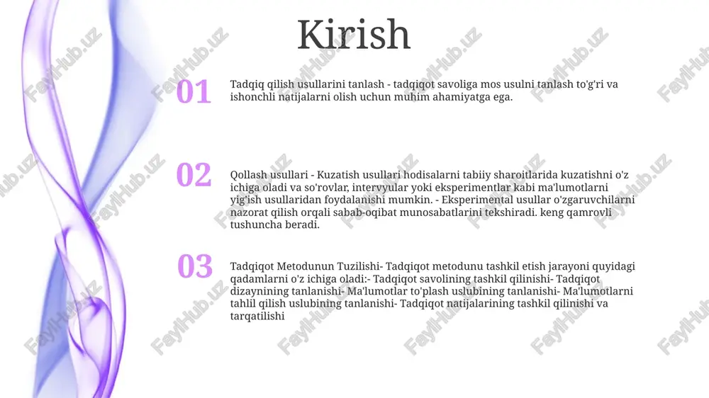 imental dizayn kabi tadqiqot dizaynlarining har xil turlarini tushuntiradi. sifatli tadqiqot usullari 1. sifatli tadqiqotga kirish: sifatli tadqiqot hodisalarni raqamlar bo'lmagan ma'lumotlar orqali o'rganadi, bunda alohida shaxslar yoki guruhlar ega bo'lgan sub'ektiv tajribalar, istiqbollar va ma'nolarga e'tibor qaratiladi. 2. sifatli tadqiqot usullarini tanlash: tegishli sifatli tadqiqot usullarini tanlash tadqiqot savoliga, tadqiqot maqsadlariga va o'rganilayotgan hodisaning tabiatiga bog'liq. umumiy usullar intervyular, kuzatishlar va hujjatlarni tahlil qilishni o'z ichiga oladi. 3. sifatli ma'lumotlarni to'plash va tahlil qilish usullaridan foydalanish: sifatli tadqiqot suhbatlar, kuzatishlar yoki hujjatlarni ko'rib chiqish orqali ma'lumotlarni to'plashni o'z ichiga oladi miqdoriy tadqiqot usullari tadqiqot usullarini tanlash va qo'llash- tegishli usulni aniqlash uchun tadqiqot savoli va maqsadlarini ko'rib chiqing.- miqdoriy usullar gipotezalarni tekshirish, umumlashtiriladigan ma'lumotlarni olish va munosabatlarni miqdoriy aniqlash uchun mos keladi.- sifatli tadqiqot kabi miqdoriy bo'lmagan usullar ko'proq mos kelishi mumkin miqdoriy tadqiqot usullari- gipotezalarni sinab ko'rish va aloqalarni o'rnatish uchun raqamli ma'lumotlar va statistik tahlilni o'z ichiga …