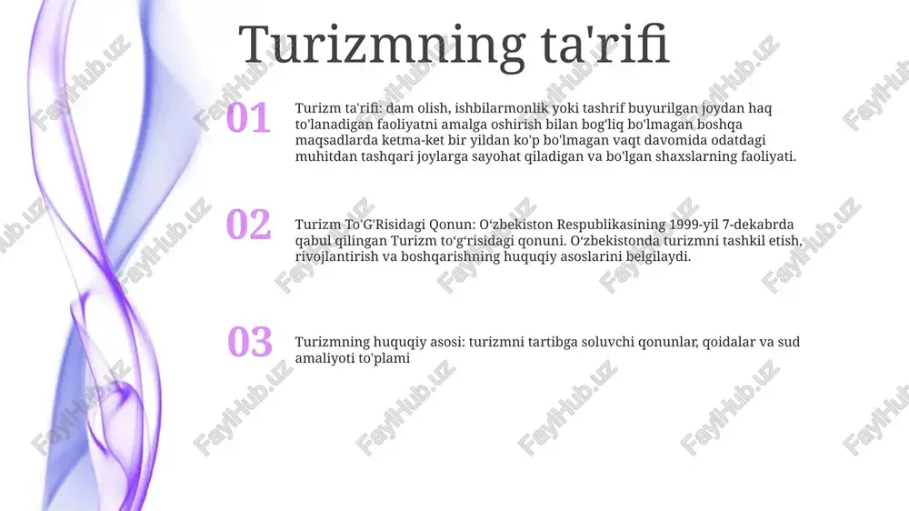 rizm ob'ektlari va xizmatlari standartlari to'g'risidagi qonun: tajribaning barqaror sifatini ta'minlash uchun turizm ob'ektlari, jumladan mehmonxonalar, restoranlar va sayyohlik joylari uchun minimal standartlarni belgilaydi. turistlarning huquq va majburiyatlari xavfsiz va sog'lom atrof-muhitga bo'lgan huquq: turistlar ifloslanish, jinoyat va ularning sog'lig'i yoki xavfsizligiga zarar etkazishi mumkin bo'lgan boshqa xavf-xatarlardan xoli bo'lgan joylarga tashrif buyurish huquqiga ega. mahalliy urf-odatlar va an'analarni hurmat qilish mas'uliyati: turistlar tashrif buyuradigan joylarning urf-odatlari, qonunlari va qoidalari bilan tanishishlari va ularga rioya qilishlari shart. bu mahalliy diniy e'tiqodlarni, ijtimoiy me'yorlarni va ekologik amaliyotni hurmat qilishni o'z ichiga oladi. adolatli va axloqiy muomalaga bo'lgan huquq: sayyohlar sayyohlik provayderlari va mahalliy aholi tomonidan hurmat, hurmat va adolat bilan munosabatda bo'lishga loyiqdir. bu kamsitish, ta'qib va ​​ekspluatatsiyadan xoli bo'lishni o'z ichiga oladi. turizm operatorlarining majburiyatlari va majburiyatlari 2. madaniy meros va atrof-muhitni hurmat qilish majburiyati: operatorlar mas'uliyatli turizm amaliyotlariga rioya qilgan holda madaniy meros va manzillarning atrof-muhitini hurmat qilishlari kerak. …