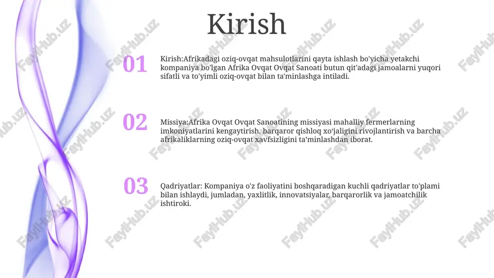 xarajatlari va bir martalik daromadning oshishiga olib keladi, oziq-ovqat va ichimliklarga bo'lgan talabni kuchaytiradi. asosiy muammolar va imkoniyatlar 1. infratuzilma cheklovlari: yomon transport tarmoqlari, ishonchsiz energiya ta'minoti va noto'g'ri saqlash joylari oziq-ovqat mahsulotlarini taqsimlash va saqlashga to'sqinlik qiladi. 2. cheklangan qiymat qo‘shilishi: sanoat birlamchi ishlab chiqarishdan tashqarida va qo‘shimcha qiymatni qayta ishlashga o‘tishda qiyinchiliklarga duch kelmoqda, bu esa fermerlar uchun past daromadga olib keladi. 3. iqlim o'zgarishining ta'siri: ob-havoning noto'g'ri sharoitlari, qurg'oqchilik va toshqinlar ekinlar hosildorligi va chorvachilik mahsulotlariga tahdid soladi va oziq-ovqat xavfsizligi uchun katta xavf tug'diradi. asosiy oziq-ovqat toifalari donlar: guruch, bug'doy, makkajo'xori, jo'xori va tariq afrikada eng ko'p iste'mol qilinadigan donalardir. sut mahsulotlari: sut, pishloq, yogurt, muzqaymoq va sariyog' afrikada iste'mol qilinadigan asosiy sut mahsulotlari hisoblanadi. dukkaklilar: loviya, yasmiq va no'xat afrika ratsionida oqsilning muhim manbalari hisoblanadi. ishlab chiqarish va qayta ishlash mahsulotlar assortimenti: “afrika qiziq ovqat sanoati” makaron, un, qandolat mahsulotlari va ichimliklar kabi turli xil …