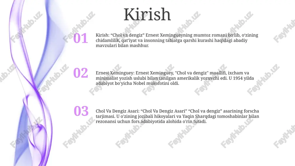 ni o'rganadi. santyago va garri morgan kabi qahramonlar orqali u ularning buzilmas ruhini ta'kidlaydi. marlin: kuch va chidamlilik ramzi xemingueyning “chol va dengiz” asarida marlin roli:- qiyinchiliklar oldida yengilmas ruhni ifodalaydi.- inson va tabiat o‘rtasidagi kurashni ifodalaydi. ernest xeminguey hayotidagi marlinning ahamiyati: - xemingueyning dengizda baliq ovlash va ochiq havoda sarguzashtlarga bo'lgan muhabbatini aks ettiradi. - depressiya va alkogolizm bilan o'z janglarini ifodalash uchun metafora sifatida ishlatiladi. marlinning o'zgarmas merosi: - insonning qat'iyati va qat'iyatining timsoliga aylandi. - son-sanoqsiz san'at, adabiyot va kino asarlarini ilhomlantiradi. jang: chidamlilik va qat'iyat syujetning qisqacha mazmuni: manera avstriya armiyasi tomonidan qo'lga olinadi va qamoqqa tashlanadi. u bir necha oy mashaqqat va qiynoqlarga chidadi, lekin qochish umidini hech qachon uzmaydi. boshqa bir mahbusning yordami bilan u ozod bo'lish va o'z bo'linmasiga qaytish rejasini tuzadi. voqealar: hikoya birinchi jahon urushida bo'lib o'tadi va manera ismli italiyalik yosh askarning boshidan kechirgan voqealarni kuzatib boradi. mavzu: jang: chidamlilik …