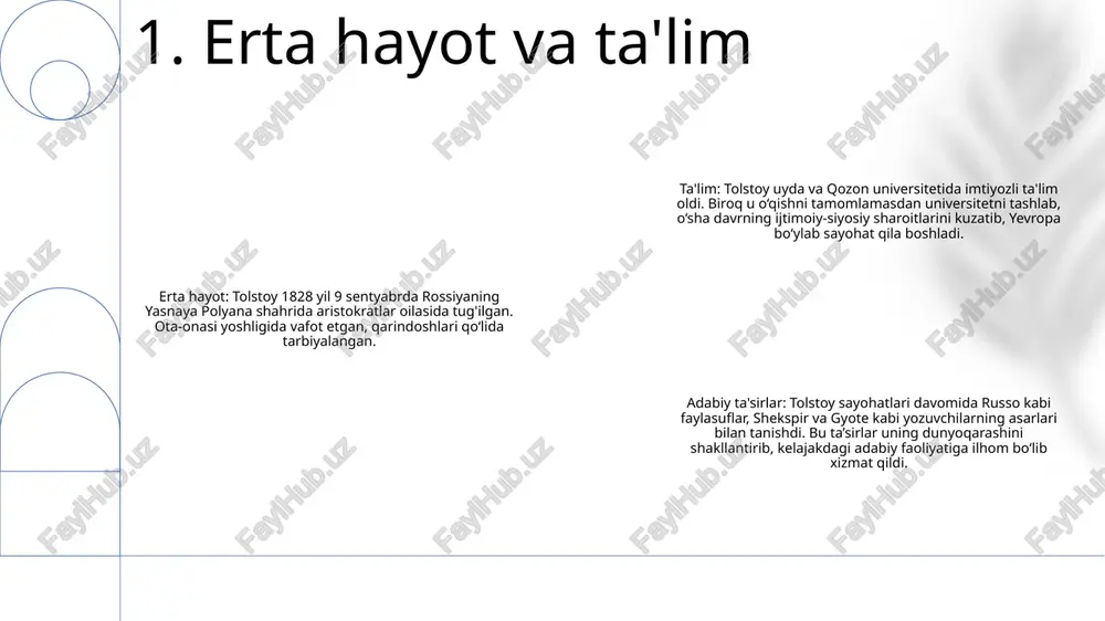 taniqli rus yozuvchisining turli falsafiy mavzulardagi insho va yozuvlari to'plami. mazmun: asarda dinning tabiati, hayot mazmuni, inson iztiroblari, haqiqatni izlash kabi mavzular keng yoritilgan. tolstoy borliq, axloq va insoniyatning koinotdagi roli haqidagi asosiy savollar bilan kurashadi. ahamiyati: "falsafiy izlanishlar" tolstoyning chuqur e'tiqodlari va uning e'tiqod, aql va inson tajribasini uyg'unlashtirish uchun kurashi haqida tushunchalarni taqdim etishi bilan katta ahamiyatga ega. bu uning davom etayotgan falsafiy izlanishlari va hayotning murakkabliklarini tushunishga sodiqligidan dalolat beradi. 4. falsafiy izlanishlar tolstoyning diniy sayohati: tolstoyning diniy qarashlari hayoti davomida chuqur o'zgarishlarni boshdan kechirdi. yoshligida u o'z tarbiyasidagi pravoslav nasroniylikni qabul qildi, lekin keyinchalik uyushgan dinni rad etdi va iso masihning ta'limotiga asoslangan o'zining noyob ruhiy e'tiqodlarini o'rnatdi. tolstoyning dogmani rad etishi: tolstoyning markaziy diniy falsafasi sevgi va rahm-shafqatning dogma va marosimlardan ustunligini ta'kidladi. u haqiqiy nasroniylik isoning sevgi va kechirimlilik haqidagi ta'limotlarida yotadi, deb ishonib, cherkov va injilning obro'sini rad etdi tolstoyning diniy tafakkurga ta'siri: …