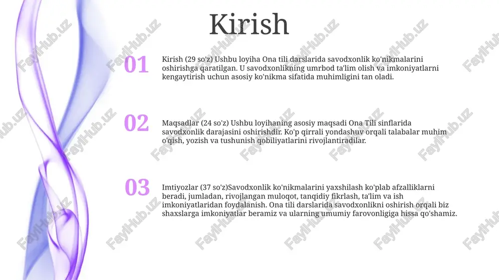 qishloq joylarda.- o‘qituvchilarni tayyorlash va ona tili savodxonligini o‘rgatish uchun yetarlicha yordam ko‘rsatilmagan. ko‘p tilli ta’limdagi muammolar:- ona tili savodxonligiga bo‘lgan ehtiyojni rasmiy tilni (rus tilini) o‘rganishning ahamiyati bilan muvozanatlash.- ona tili savodxonligini o‘lchash uchun samarali baholash vositalarining yo‘qligi. ona tili darslarida savodxonlikni oshirishning afzalliklari shaxsiy rivojlanishni kuchaytiradi: ona tili darslarida savodxonlikni oshirish o‘quvchilarga o‘z ona tilini bilish imkoniyatini beradi, ularning ishonchi va o‘ziga bo‘lgan hurmatini oshiradi. madaniyatni asrashga yordam beradi: ona tili savodxonligi madaniy merosni asrab-avaylaydi, urf-odat va qadriyatlarning avlodlarga o‘tib ketishini ta’minlaydi. tanqidiy fikrlashni rivojlantiradi: ona tilidagi matnlar bilan shug‘ullanish tanqidiy fikrlash ko‘nikmalarini rivojlantiradi, o‘quvchilarni tahlil qilish, baholash va o‘z fikrlarini samarali bayon etish imkonini beradi. ona tili darslarida savodxonlikni oshirish strategiyasi o'rganishni kuchaytirish uchun texnologiyadan foydalaning: an'anaviy o'qitish usullarini to'ldirish va talabalarning faolligini oshirish uchun onlayn o'yinlar, videolar va interaktiv ilovalar kabi raqamli vositalardan foydalaning. talabalarni interfaol tadbirlar orqali jalb qiling: o'rganishni qiziqarli va mazmunli qilish uchun …