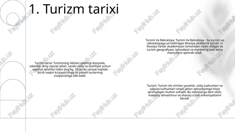 keladi, bu turistlar va mahalliy aholi uchun foydali bo'lishi mumkin. 3. turizmning iqtisodiy ta'siri barqaror turizm amaliyoti: salbiy taʼsirlarni kamaytirishga eʼtibor qaratish barqaror turizm bo'yicha misollar: global yo'nalishlardagi muvaffaqiyat hikoyalari yashil sertifikatlash dasturlari: turar joy va sayohatlar uchun ekologik belgilar va barqarorlik standartlari 4. turizmda barqarorlik ta'rif: dam olish va turizm odatda uydan yoki odatdagi muhitdan uzoqda dam olish, hordiq chiqarish va yoshartirishni ta'minlaydigan faoliyat va xizmatlarni o'z ichiga oladi. ta'siri: dam olish va turizm jismoniy va ruhiy farovonlikka ijobiy hissa qo'shadi, iqtisodiy o'sishni rag'batlantiradi, ish o'rinlarini yaratadi va ijtimoiy o'zaro aloqalar va madaniy tushunishni yaxshilaydi. qiyinchiliklar: barqaror rivojlanish va mas'uliyatli turizm amaliyoti salbiy ekologik va ijtimoiy ta'sirlarni minimallashtirish, sanoatning uzoq muddatli hayotiyligini ta'minlash uchun juda muhimdir. 5. dam olish va turizm bo'sh vaqt va dam olish: bo'sh vaqtlarda dam olish, dam olish yoki shaxsiy zavqlanish uchun mashg'ulotlar. turizm (turizm): dam olish yoki dam olish maqsadida sayohat qilish harakati yoki …
