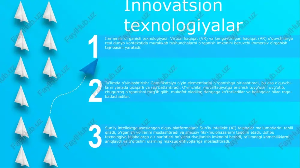 vchan ta'lim texnologiyalari: bu texnologiyalar o'rganish tajribasini har bir talabaning ehtiyojlariga moslashtiradi, individual tarkib, tezlik va baholashni ta'minlaydi. ma'lumotlarga asoslangan ta'lim: shaxsiylashtirilgan o'quv rejalari o'quv qarorlarini qabul qilish va maqsadli tadbirlarni ta'minlash uchun talabalar baholashlari, so'rovlari va kuzatishlari ma'lumotlaridan foydalanadi. yordamchi texnologiya accessibilitydagi innovatsion yondashuvlar ai-ga asoslangan vositalar, masalan, nutqni aniqlash va matnni nutqqa o‘zgartirgichlar yordamchi texnologiyani inqilob qilmoqda. ushbu yutuqlar ko'rish, eshitish yoki kognitiv nuqsonlari bo'lgan shaxslar uchun foydalanish imkoniyatini oshiradi va ularga onlayn muhitda to'liq ishtirok etish imkonini beradi. assistive technology orqali inklyuzivlikassistive texnologiya raqamli kontentga kirish va ular bilan oʻzaro aloqada boʻlishning muqobil usullarini taqdim etish orqali nogironligi boʻlgan shaxslarga imkoniyat beradi. muloqot, ta'lim va bandlik yo'lidagi to'siqlarni yo'q qilish orqali u yanada inklyuziv jamiyatni rivojlantiradi. nogironligi bo'lgan shaxslarning imkoniyatlarini kengaytirish yordamchi texnologiya nogironlar hayotiga o'zgartiruvchi ta'sir ko'rsatadi. bu ularga mustaqillikni oshiradi, o'z-o'zini hurmat qilishni oshiradi va shaxsiy va professional o'sish uchun imkoniyatlar yaratadi raqamli savodxonlik ta'limda …
