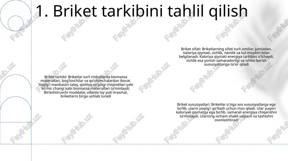 him ko'rsatkichidir.- uni turli usullar, jumladan, siqish, zarba va tushirish testlari yordamida o'lchash mumkin.- yuqori briket kuchi ishlov berish, tashish va yonish uchun maqbuldir. samaradorlik. briket shakli va hajmini aniqlash- briketlarning shakli va o'lchami ularni ishlatish, saqlash va yonish xususiyatlariga ta'sir qilishi mumkin.- umumiy briket shakllari silindrsimon, to'rtburchaklar va tasvirlarni o'z ichiga oladi 3. namlik miqdorini o'lchash kul tarkibini aniqlash: ushbu test briketda mavjud bo'lgan yonmaydigan noorganik material miqdorini o'lchaydi. o'lchangan namuna yuqori haroratda o'choqda yondirilib, kul qoldiriladi. asl namuna massasiga bo'lingan kulning massasi kul tarkibini beradi. briket kuchini aniqlash: bu test briketning jismoniy deformatsiyaga chidamliligini baholaydi. briket ma'lum bir bosim kuchiga duchor bo'ladi va uning sinishi yoki sinishiga bardosh berish qobiliyati aniqlanadi. siqilish kuchi qanchalik yuqori bo'lsa, briket shunchalik mustahkam bo'ladi. briket zichligini aniqlash: ushbu test briketning birlik hajmidagi massasini o'lchaydi. u briketning g'ovakligi va ixchamligi haqida ma'lumot beradi. yuqori zichlikdagi briket o'zining kattaligi uchun kattaroq massaga ega, bu …