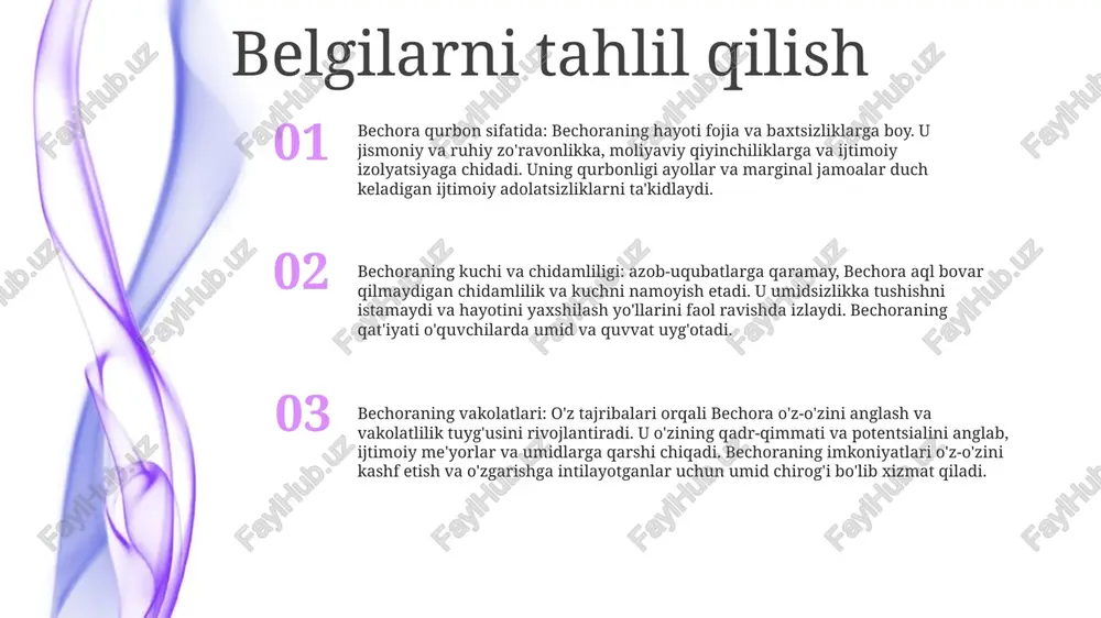 g uzoq davom etayotgan oqibatlarini va unga qarshi qarshilikni, xususan, bechoraning misr va frantsiyadagi tajribalari orqali o'rganadi. tarixiy kontekst tarixiy mazmun: bechora o'rta asrlarda qizg'in port shahri sifatida paydo bo'lib, qizil dengiz bo'ylab savdoni osonlashtirishda muhim rol o'ynagan. bechora tarixi: bechoraning kelib chiqishi qadimgi d'mt qirolligiga borib taqaladi, arxeologik dalillar uning bozor shahri sifatida miloddan avvalgi 7-asrda mavjudligini ko'rsatadi. tuzilish va tiklanish: efiopiya imperiyasining yuksalishidan keyin shaharning nufuzi pasayib ketdi, ammo u arabiston yarim oroli va afrikaning ichki qismini bog'laydigan usmonli imperiyasi ostidagi yirik port sifatida qayta tiklandi. muallifning nuqtai nazari muallifning nuqtai nazari: tarixiy kontekstbechora o'z tadqiqotini mavzuni shakllantirgan voqea va ta'sirlarni tan olgan holda kengroq tarixiy kontekstda joylashtiradi. u o'tmishdagi tajribalar va ijtimoiy sharoitlar hozirgi vaziyatga qanday ta'sir qilgani haqida nozik tushuncha beradi. muallif nuqtai nazari: ob'ektivlik va hissiy masofabechora mavzuga xolislik havosi bilan yondashadi, unga masalalarni xolis tahlil qilish imkonini beradigan masofani saqlaydi. u shaxsiy fikrlar yoki …