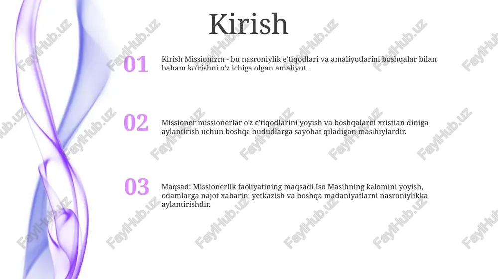 antirish va kuchaytirish. - xudo va jamoatga xizmat qilishda missionerlarni jihozlash va qo'llab-quvvatlash. maqsadlar - xudoga bo'lgan muhabbatni rivojlantiradigan jonli ma'naviy muhitni targ'ib qilish. - missionerlik faoliyati uchun amaliy mashg'ulotlar va resurslar bilan ta'minlash. - missionerlarni murabbiylar, ibodat hamkorlari va global tarmoq bilan bog'lang. missiya - buyuk topshiriqni bajarish uchun missionerlarni safarbar qilish va jihozlash. - xushxabarchilik bilan shug'ullanadigan xristian imonlilarining global harakatini yaratish va qo'llab-quvvatlash. axloqiy mulohazalar rozilik: missionerlar o'zlarining shaxsiy ma'lumotlarini baham ko'rish yoki ularni faoliyatga jalb qilishdan oldin shaxslardan xabardor roziligini olishlari kerak. chegaralar: missionerlar o'zlari xizmat qilayotgan odamlarning shaxsiy hayoti va madaniy me'yorlarini hurmat qilishlari va aholining zaif qatlamlarini ekspluatatsiya qilishdan qochishlari kerak. vakolat berish: missionerlar mahalliy hamjamiyatlarning imkoniyatlarini kengaytirish va barqaror hamkorlikni o'rnatishga qaramlik yaratishga ustuvor ahamiyat berishlari kerak. madaniy ta'sir mustamlaka davri: ko'pgina missionerlik faoliyati mustamlakachilik davrida, yevropa kuchlari o'z imperiyalarini afrika, osiyo va amerikaga kengaytirganda sodir bo'ldi. missionerlar yevropaning mahalliy aholi ustidan madaniy …