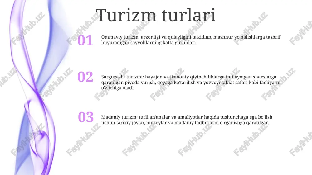 izm klassifikatsiyasi (tourism classification in uzbek):bu tizim sayyohlarni ularning sayohat maqsadlari, ya'ni dam olish, biznes yoki do'stlar va qarindoshlariga tashrif buyurish kabi belgilariga ko'ra tasniflaydi. funktsional tasnifi maqsad: funktsional tasniflashning maqsadi turli turizm yo'nalishlarining o'ziga xos xususiyatlari va takliflarini aniqlash, rejalashtirish va rivojlanish strategiyalarini ishlab chiqishda yordam berish va maqsadli marketing va reklama harakatlari uchun asos yaratishdir. ta'rif:funktsional tasnif, turizm klassifikatsiyasi turistik yo'nalishlarni asosiy iqtisodiy funksiyasi yoki diqqatga sazovor joylari, masalan, madaniy, tarixiy, diniy yoki rekreatsion ahamiyatiga ko'ra turkumlanishini anglatadi. ilova: funktsional tasnif turizm tashkilotlari, hukumatlar va korxonalar tomonidan sayyohlik siyosati, yo‘nalishlarni boshqarish rejalari va marketing tashabbuslarini ishlab chiqishda keng qo‘llaniladi, bu sayyohlik yo‘nalishlarini ilgari surish va boshqarishda yanada yo‘naltirilgan va samarali yondashuvni ta’minlaydi. ekologik tasnifi tasniflash mezonlari: ekologik tasnifda biologik va atrof-muhit omillaridan foydalaniladi, turizm tasnifi esa ko'pincha joylashuv, faoliyat va maqsadli auditoriya kabi omillarni hisobga oladi. ekologik tasnif: organizmlarni ularning ekologik roli va ekotizimlardagi o'zaro ta'siriga qarab toifalarga …