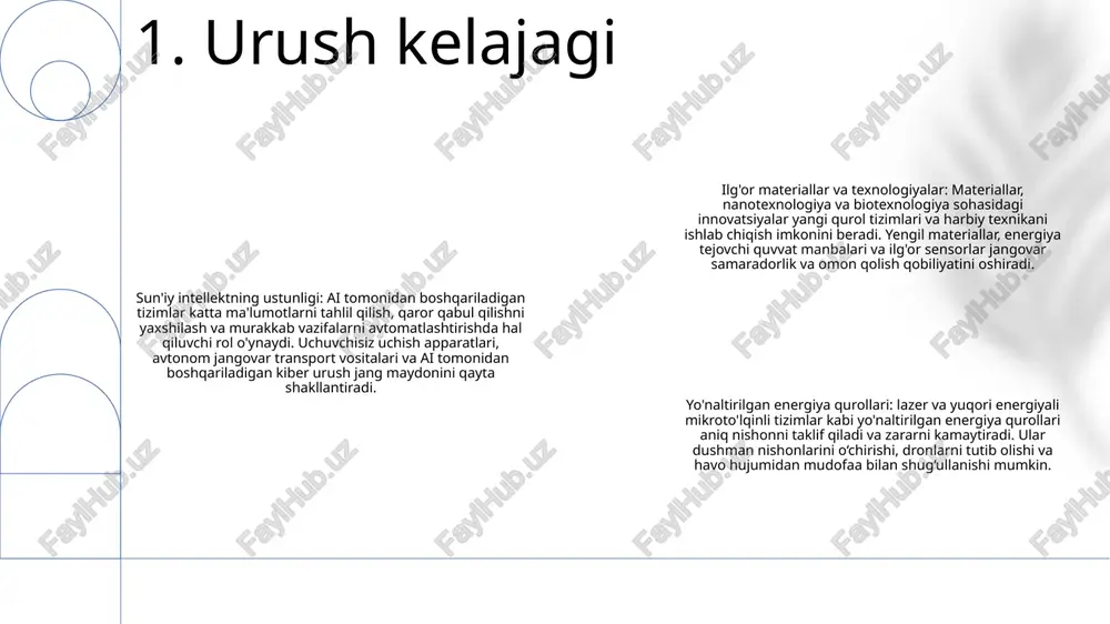turlarga viruslar, qurtlar, ransomware va botnetlar kiradi. kibertahdidlar va zaifliklarkibertahdidlar kompyuter tizimlariga qarshi zararli niyatlarni anglatadi, zaifliklar esa tajovuzkorlar tomonidan ishlatilishi mumkin bo'lgan zaifliklar yoki kamchiliklardir. umumiy tahdidlarga fishing, ma'lumotlarning buzilishi va xizmat ko'rsatishni rad etish hujumlari kiradi. kiberxavfsizlik choralari va eng yaxshi amaliyotlarkiberxavfsizlik kompyuter tizimlari va tarmoqlarini ruxsatsiz kirish, shikastlanish yoki buzilishdan himoya qilishni o'z ichiga oladi. eng yaxshi amaliyotlar orasida kuchli parollar, xavfsizlik devorlari, zararli dasturlarga qarshi dasturlar va muntazam tizim yangilanishlari mavjud. 3. kiber qurollar yo'naltirilgan energiya qurollari: zamonaviy urushning evolyutsiyasi. yo'naltirilgan energiya qurollari (dew) aniqlik va tezlik bilan nishonlarni zararsizlantirish uchun elektromagnit energiyadan foydalanadi. lazerlar, mikroto'lqinli pechlar yoki zarracha nurlaridan foydalangan holda, dews an'anaviy qurollarga nisbatan noyob afzalliklarni taklif qiladi. havo mudofaasidagi o'yinni o'zgartiruvchilardew misli ko'rilmagan imkoniyatlarni taqdim etish orqali havo mudofaasini inqilob qilmoqda. yuqori energiyali lazerlar raketalarni parvoz paytida tutib, muhim infratuzilma va harbiy vositalarni havo tahdidlaridan himoya qila oladi kelajakdagi to'qnashuvlar uchun rivojlanayotgan texnologiyalar …