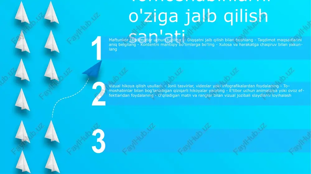 diradigan rang sxemalarini qo'shish va o'qish va ta'sirni kuchaytiradigan tipografiyadan foydalanish orqali taqdimotlaringizni asarga aylantiring. til kuchidan foydalanish hikoya: ishtirok etish san'ati - maftunkor hikoyalar hissiyotlarni yoqadi, aloqalarni o'rnatadi va xabaringizni esda qolarli tarzda uyga olib boradi. ta'sirli taqdimotlar uchun tilni ochib berish - tilning o'zgartiruvchi kuchidan foydalanib, auditoriyangizda aks-sado beradigan jozibali taqdimotlarni yarating. aniqlik va ravshanlik: samarali muloqotning negizi - xabaringizni aniq va ixcham etkazish uchun so'zlarni aniq tanlang. ma'nodan voz kechmasdan qisqalikni qabul qiling. ta'sir uchun dizayn o'z auditoriyangizni biling: taqdimotingizni tinglovchilaringizning o'ziga xos qiziqishlari va bilim darajasiga moslang. kontentingiz aks sado berishiga va ularning ehtiyojlariga javob berishiga ishonch hosil qilish uchun ularning demografiyasi, sanoati va og'riqli nuqtalarini o'rganing. aniqlik uchun tuzilma: taqdimot davomida auditoriyangizni boshqaradigan ma'lumotlarning mantiqiy oqimini yarating. tushunishni kuchaytirish uchun sarlavhalar va vizuallardan foydalangan holda tarkibingizni aniq bo'limlarga ajrating. ishtirok etishni davom ettirish uchun slaydlar orasidagi silliq o'tishlarni ta'minlang. ta'siringizni tasavvur qiling: ma'lumotlarni etkazish va …
