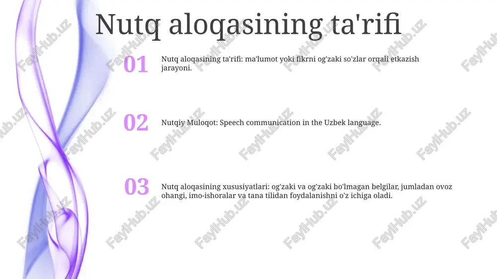 an, jo'natuvchi, qabul qiluvchi, xabar, kanal va fikr-mulohazalarni tavsiflaydi. samarali muloqot uchun to'siqlar: muvaffaqiyatli muloqotga to'sqinlik qiladigan omillar, jumladan shovqin, til to'siqlari, madaniy farqlar va psixologik tarafkashliklarni muhokama qiladi. og'zaki bo'lmagan muloqot: so'zlardan tashqari muloqotni o'rganadi, shu jumladan tana tili, yuz ifodalari va ovozli signallar, ular ko'pincha qo'shimcha ma'no va ta'sirli xabarni etkazib beradi. samarali nutq aloqasi uchun to'siqlar fiziologik to'siqlar: - duduqlanish yoki ikkilanmasdan nutqqa olib kelishi mumkin bo'lgan tashvish, asabiylashish yoki stress.- nutqni buzishi mumkin bo'lgan charchoq, kasallik yoki giyohvand moddalarni iste'mol qilish kabi fiziologik holatlar. jismoniy to'siqlar:- nutq ravshanligini buzadigan shovqin, aks-sado yoki vizual chalg'ituvchi omillar.- nutq ishlab chiqarishga ta'sir qiluvchi jismoniy nuqsonlar yoki nuqsonlar. psixologik to'siqlar: - samarali muloqotga to'sqinlik qilishi mumkin bo'lgan salbiy o'z-o'zini gapirish yoki o'zini past baholash. nutqga tayyorgarlik muvaffaqiyatni tasavvur qiling: o'zingizni ishonchli va ravshanlik bilan muvaffaqiyatli nutq so'zlayotganingizni tasavvur qiling. ushbu ijobiy vizualizatsiya sizning ishonchingizni oshirishi va nutq kunidagi tashvishlarni kamaytirishi …