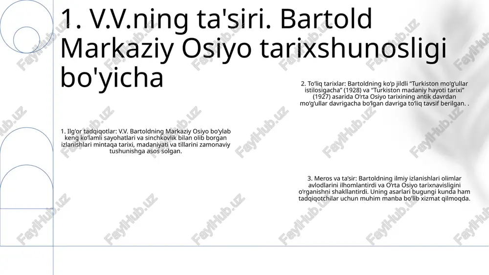ixchilar va olimlar uchun ajralmas ma'lumot manbalari bo'lib qolmoqda. 3. v.v. grigoryev va o‘rta osiyo qo‘lyozmalarining tadqiqi gumilyovning evrosiyolik: rus, sharq va yevropa tafakkurining sintezi, yevroosiyo quruqligining o'ziga xosligi va taqdirini ta'kidlaydi. yevroosiyolikdagi markaziy osiyo: yevroosiyo tafakkurining rivojlanishiga hissa qoʻshgan boy tarix va madaniy xilma-xillikka ega boʻlgan tsivilizatsiyalarni bogʻlovchi muhim mintaqa. rossiyaning markaziy osiyo tadqiqotlariga qo‘shgan hissasi: rossiya olimlari markaziy osiyo tarixi, madaniyati va tillarini o‘rganishga katta hissa qo‘shib, mintaqaning murakkab o‘tmishi va buguniga oydinlik kiritdilar. 4. l.n. gumilyovning evrosiyolik va markaziy osiyo nazariyasi s.v. baxmutskiyning baqtriya tarixiga qo‘shgan hissasi: baqtriya tarixini to‘rtta alohida davrga bo‘lgan xronologik asosni o‘rnatdi. baqtriyaning kelib chiqishidan to tanazzulga qadar siyosiy va madaniy taraqqiyotini batafsil bayon qilgan. baqtriyaning ipak yoʻli savdo tarmogʻidagi asosiy ishtirokchi sifatidagi roli va uning qoʻshni sivilizatsiyalar bilan oʻzaro aloqalarini oʻrganib chiqdi. 5. s.v. baxmutskiy va baqtriya tarixini qayta qurish 1 v.g. vyatkin mashhur rus arxeologi boʻlib, oʻrta osiyoning qadimiy tarixini oʻrganishga …