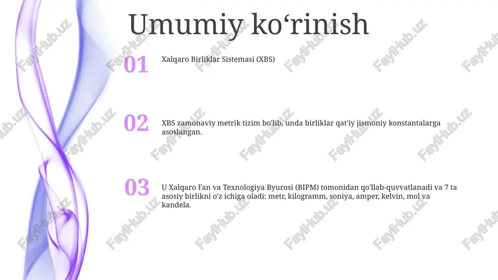 gan o'lchov tizimidir. u 1960 yilda tashkil etilgan bo'lib, ettita asosiy blokga asoslangan. ahamiyati: olingan birliklar fizik miqdorlarni ifodalashni soddalashtiradi, bu esa turli fanlar bo'yicha o'lchovlarni tushunish va solishtirishni osonlashtiradi. ular global miqyosda ilmiy va texnik ma'lumotlarni taqqoslash va standartlashtirishni osonlashtiradi. kogerent birliklar xalqaro birliklar sistemasi (si): 1960 yilda tashkil etilgan metrik tizimning zamonaviy shakli bo'lib, u butun dunyo bo'ylab ilmiy, sanoat va kundalik ilovalarda foydalanish uchun standartlashtirilgan birliklar tizimini ta'minlaydi. si birliklari (kogerent birliklar): xalqaro birliklar tizimiga (si) asoslangan birliklar tizimi, bunda barcha birliklar bitta asosiy birlikdan olinadi, masalan, uzunlik uchun metr yoki massa uchun kilogramm. sidagi kogerent birliklar: 10 quvvat bilan bir-biriga bevosita bog'liq bo'lgan birliklar, ular o'rtasida oson konvertatsiya qilish imkonini beradi. masalan, kilometr (km) 1000 metr (m), milligramm (mg) esa 0,001 gramm (g) ni tashkil qiladi. kogerent bo'lmagan birliklar kogerent birliklar- kogerent tizim ichidagi birliklar, ular bir-biri bilan oddiy matematik munosabatlar orqali bog'lanadi.- masalan, si tizimida …