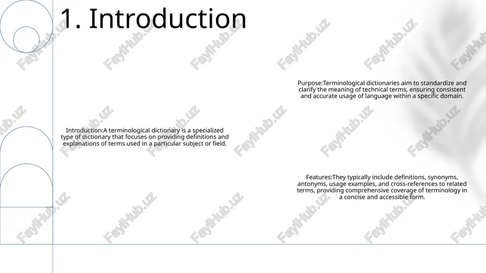 collection:- the process of gathering data from specific sources using different methods. terminological dictionary:- a specialized dictionary that defines and explains technical or specialized terms used in a particular field. 4. sources and data collection terminology management:a systematic approach for gathering, organizing, maintaining, and evolving terminology, ensuring consistent and accurate usage across various domains. terminological dictionary:a specialized resource that provides precise definitions, synonyms, usage examples, and related information for specific terms within a domain or industry. terminology management system:a digital platform or software that facilitates the creation, management, and distribution of controlled vocabularies, enhancing communication and collaboration. 5. terminology management terminology consistency: a terminological dictionary maintains consistency in the use of terminology, ensuring that the same terms are used throughout documentation, eliminating ambiguity and confusion. translation accuracy: a terminological dictionary helps validate and ensure the accuracy of translations by providing a reference point for translators to compare and verify the …