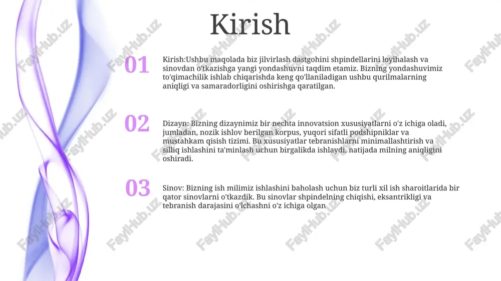 chining applications. eksperimental sinov tajribaviy test: fizik tajribalar o'tkazish va milning ishlashini baholash uchun ma'lumotlarni to'plashni o'z ichiga oladi. shpindelni ishlab chiqish: muayyan funktsional talablarga erishish uchun ilg'or texnikadan foydalangan holda shpindelni loyihalash va ishlab chiqarishni o'z ichiga oladi. sinov va tasdiqlash: turli ish sharoitlarida shpindelning aniqligi, chidamliligi va umumiy ishlashini baholash uchun stress tahlili, tebranish o'lchovlari va yugurish sinovlari kabi bir qator sinovlarni o'z ichiga oladi. simulyatsiya va tahlil simulyatsiya va chekli elementlarni tahlil qilish: har xil ish sharoitlarida, jumladan yuklar, tezliklar va haroratlarda shpindelning xatti-harakatlarini virtual modellashtirish va taqlid qilish uchun ishlatiladigan kompyuter yordamida muhandislik (cae) vositalari. sintez va tahlil: jilvirlash dastgohini shpindleni ishlab chiqish va sinovdan o'tkazish eksperimental tekshirish: simulyatsiya natijalarini tasdiqlash va milning ishlashi dizayn xususiyatlariga mos kelishini ta'minlash uchun shpindelning jismoniy prototipi bo'yicha qattiq sinov o'tkazildi. case studies va ilovalar natijalar va ta'sir loyiha natijasida jilvirlash dastgohini samaradorligi va aniqligini oshirishi mumkin bo'lgan yaxshilangan ishlashga …