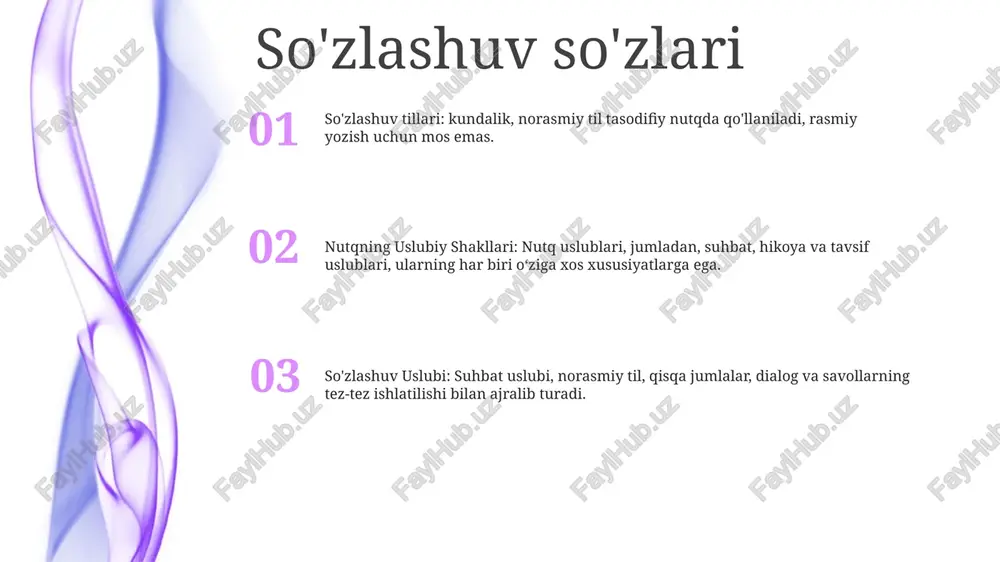 izmlar qo'pol yoki yoqimsiz so'z yoki iboralarni almashtirish uchun ishlatiladigan xushmuomala yoki bilvosita iboralardir. ular ko'pincha ijtimoiy vaziyatlarda xafagarchilik yoki uyatdan qochish uchun ishlatiladi. misol uchun, siz "ishdan bo'shatildingiz" deyish o'rniga, "biz boshqa yo'nalishda ketyapmiz" deb aytishingiz mumkin. nutqning uslubiy shakllari ingliz tilida: stilistik nutq figuralari nutqni tashkil qilish, mantiq va grammatika nuqtai nazaridan qurish va ifodalash usullari va vositalaridir. ular nutqni ifodali, tavsiflovchi va ta'sirli qiladi malapropizm metafora: so'zning to'g'ridan-to'g'ri ma'nosidan farqli o'laroq, so'zlar boshqa ma'noni keltirib chiqaradi. malapropizmlar: so'zlarni noto'g'ri yoki noto'g'ri ishlatish. nutqning stilistik shakllari: bular nutqni yanada jozibali va ta'sirli qilish uchun ishlatiladigan lingvistik vositalardir. so'z o'yinlari so'z o'yinlari - bu so'zlarning turli ma'nolarini yoki ularni talaffuz qilishning turli usullaridan foydalanadigan so'z o'yinlarining bir turi. - mana, so'z o'yinlariga misollar: "ko'zi yo'q baliqni nima deysiz? fsh!" — ko‘zi yo‘q bug‘uni nima deysan? nutqning uslubiy shakllari- nutqning uslubiy shakllari - nutqni tashkil qilishning turli usullari va vositalari.- …