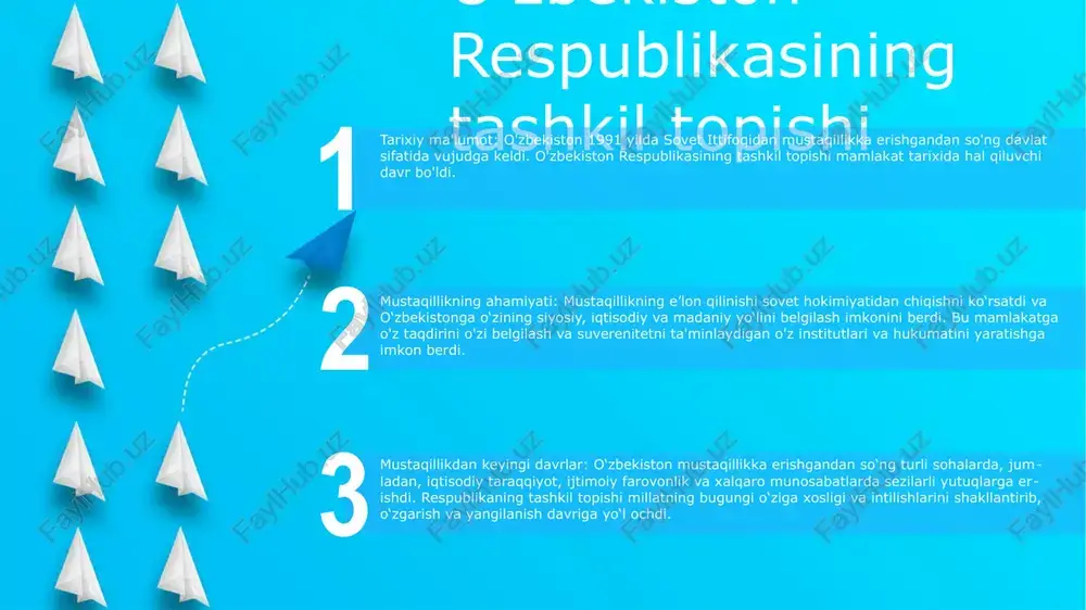 ing isboti bo‘lib xizmat qilmoqda. abadiy meros. markaziy osiyo chorrahasi: oʻzbekistonning geografik ahamiyati- sharq va gʻarbni bogʻlovchi savdo yoʻllari chorrahasida joylashgan oʻzbekiston madaniy va iqtisodiy almashinuvni yoʻlga qoʻyishda hal qiluvchi rol oʻynadi.- ipak yoʻli mintaqadan oʻtgan va uni xitoy, fors va yevropa bilan bogʻlagan. . sivilizatsiya beshigi: qadimiy meros – mintaqada baqtriyaliklar, so‘g‘diylar va xorazmliklar kabi sivilizatsiyalar rivoj topib, o‘zlariga boy madaniy meros qoldirdi.- afrasiyob, xiva, buxoro kabi arxeologik obidalar bu qadimiy xalqning me’moriy yorqinligi va san’at yutuqlarini namoyish etadi. . islomning yuksalishi va ipak yo'li o'zbekiston respublikasining tashkil topishi- o'zbekiston respublikasi 1991 yil 31 avgustda sovet ittifoqi parchalanganidan so'ng tashkil etilgan.- o'rta osiyodagi dengizga chiqish imkoni yo'q davlat bo'lib, qozog'iston, qirg'iziston, tojikiston, turkmaniston va afg'oniston bilan chegaradosh. - poytaxti toshkent shahri. islomning yuksalishi va ipak yo'li- 7-asrda islomning paydo bo'lishi ipak yo'lini o'z ichiga olgan savdo yo'llarini o'zgartirdi.- musulmon savdogarlari savdo markazlarini o'rnatdilar va tovar va g'oyalar almashinuvini osonlashtirdilar.- …