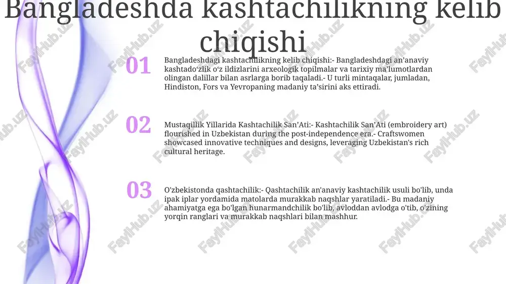 milliy o‘zlikni anglash timsoliga aylanib, mamlakatning boy madaniy merosi va mustaqillikka erishgan xalqning orzu-umidlarini aks ettirdi. qishloq kashtachilik kooperativlari qishloq joylaridagi kooperativlar: bu kooperativlar qishloqlarda yashovchi ayollar va oilalarni qo'llab-quvvatlash, ularning kashtachilik bilan shug'ullanishi va daromad keltirishida muhim rol o'ynaydi. mustaqillik davridagi kashtachilik sanʼati: “qashtachilik sanʼati” asari postsovet davrida kashtachilikning sanʼat turi sifatidagi ahamiyatini yoritib, anʼanaviy texnika va naqshlarning tiklanishi va saqlanib qolganligini koʻrsatadi. madaniy merosni asrab-avaylash: kashtachilik ulkan madaniy qadriyatga ega bo'lib, odamlarni o'z merosi bilan bog'laydi va jamoalarda o'ziga xoslik hissini uyg'otadi. qishloq kashtachilik kooperativlarini qo‘llab-quvvatlash orqali bu sa’y-harakatlar o‘zbekistonning madaniy an’analarini asrab-avaylashga xizmat qilmoqda. shahar kashtachilik markazlari qo‘lda tikilgan kashtalar: markaz an’anaviy o‘zbek kashtachiligining o‘ziga xos mahorati va san’atini saqlab qolgan holda qo‘lda tikilgan kashta tikishga ixtisoslashgan. eng yirik kashtachilik markazi: urban kashtachilik markazlari mustaqillik yillarida qashtachilik sanʼatidagi eng keng qamrovli kashtachilik markazlaridan biri sifatida mashhur. zamonaviy dizaynlar: shahar kashtachilik markazlari o‘zbek kashtachiligi merosini ulug‘lash bilan birga, …