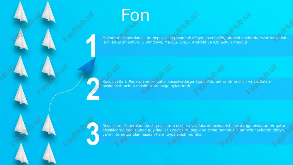 e - bu bulutga asoslangan loyihalarni boshqarish vositasi bo'lib, u loyihalar ustida hamkorlik qilish, fayllarni almashish va vazifalarni boshqarish uchun jamoalar uchun vizual ish maydonini ta'minlaydi. funktsionallik: paperplane jamoalarga loyihalar va vazifalarni samarali yaratish, almashish va kuzatish imkonini beruvchi hamkorlikdagi ish maydoni sifatidagi funksionalligi bilan mashhur. hamkorlik: paperplane real vaqt rejimida loyiha yangilanishi, oson fayl almashish va markazlashtirilgan vazifalarni boshqarish orqali jamoa aʼzolari oʻrtasida uzluksiz hamkorlikni osonlashtiradi. xususiyatlari xavfsiz va shaxsiy: paperplane maxfiylik va maxfiylikni ta'minlab, xabarlarni himoya qilish uchun uchdan uchgacha shifrlashdan foydalanadi. qulay va ko'p platformali: paperplane-ga bir nechta qurilmalar va operatsion tizimlar, jumladan ios, android va ish stoli orqali muammosiz kirish. moslashtirilgan interfeys: sozlanishi mumkin bo'lgan mavzular, fon rasmlari va bildirishnoma sozlamalari bilan paperplane tajribangizni moslashtiring, shaxsiylashtirilgan va vizual tarzda jozibali platforma yarating. foyda start to'g'ridan-to'g'ri aloqa: paperplane jamoalar va shaxslar o'rtasida to'g'ridan-to'g'ri muloqot qilish imkonini beradi, hamkorlikni rivojlantiradi va noto'g'ri aloqalarni kamaytiradi. markazlashtirilgan platforma: u loyiha …