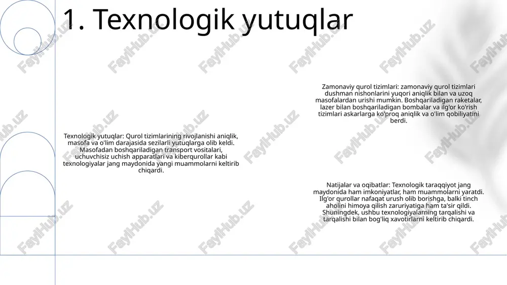 i bajarish orqali ular insonning xavf-xatarga duchor bo'lishini kamaytiradi va vaziyatdan xabardorlikni va javob vaqtini oshiradi. sun'iy intellekt: urushda inqilob. sun'iy intellekt (ai) tizimlarga katta hajmdagi ma'lumotlarni tahlil qilish, asosli qarorlar qabul qilish va yarim avtonom ishlash imkonini berish orqali urushni inqilob qilmoqda 3. avtomatlashtirilgan va uchuvchisiz tizimlar kiber qurollar va elektromagnit urush: bu ilg'or texnologiyalar kibertarmoqlar va elektromagnit chastotalardan dushman tizimlarini jismoniy aloqa qilmasdan buzish, o'chirish yoki yo'q qilish uchun foydalanadi. ular milliy xavfsizlikka jiddiy tahdid soladigan muhim infratuzilma, harbiy aktivlar va fuqarolik tarmoqlarini buzishi mumkin. zamonaviy qurolsozlik haqida:zamonaviy qurolsozlik fan va texnologiyalarni o‘z ichiga olgan murakkab soha bo‘lib, ularning rivojlanishi hayratlanarli sur’atda amalga oshmoqda. bu yangi texnologiyalar qurolli to‘qnashuvlarda ustunlik beradi, ammo ularning qo‘llanilishi bilan bog‘liq xavflarni ham ko‘rib chiqish muhimdir. kiberxavfsizlikning ahamiyati: raqamli asrda kiberxavfsizlik milliy xavfsizlikning muhim jihati sifatida paydo bo'ldi. kiberhujumlar katta iqtisodiy zarar etkazishi, infratuzilmani buzishi, nozik ma'lumotlarni o'g'irlashi va jamoatchilik fikrini manipulyatsiya qilishi …