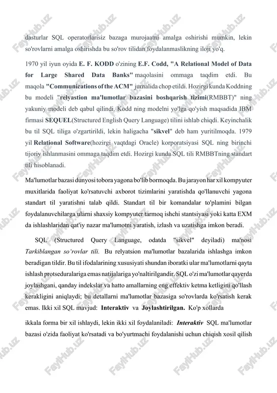 lyatsion ma'lumotlar bazalarida ishlashga imkon beradigan tildir. bu til ifodalarining xususiyati shundan iboratki ular ma'lumotlarni qayta ishlash protseduralariga emas natijalariga yo'naltirilgandir. sql o'zi ma'lumotlar qayerda joylashgani, qanday indekslar va hatto amallarning eng effektiv ketma ketligini qo'llash kerakligini aniqlaydi; bu detallarni ma'lumotlar bazasiga so'rovlarda ko'rsatish kerak emas. ikki xil sql mavjud: interaktiv va joylashtirilgan. ko'p xollarda ikkala forma bir xil ishlaydi, lekin ikki xil foydalaniladi: interaktiv sql ma'lumotlar bazasi o'zida faoliyat ko'rsatadi va bo'yurtmachi foydalanishi uchun chiqish xosil qilish uchun ishlatiladi. sql bu formasida, siz komanda kiritsangiz, u darov bajariladi, va siz darxol natijani(agar u mavjud bo'lsa) ko'rishingiz mumkin. joylashtirilgan sql boshqa tilda yaratilgan dasturga joylashtirilgan sql komandalardan iborat. sql interaktiv va joylashtirilgan formalarida ko'p sonli guruxlar yoki subbo'limlar mavjud. ular ansi tomonidan e'tiborga olingan va kontseptual darajada foydali, lekin ko'pchilik sql dasturlar ularni aloxida qayta ishlamaydi, shuning uchun ular aslida sql komandalarining funktsional kategoriyalaridir. ∙ ddl ( ma’lumotlarni ta’riflash tili …